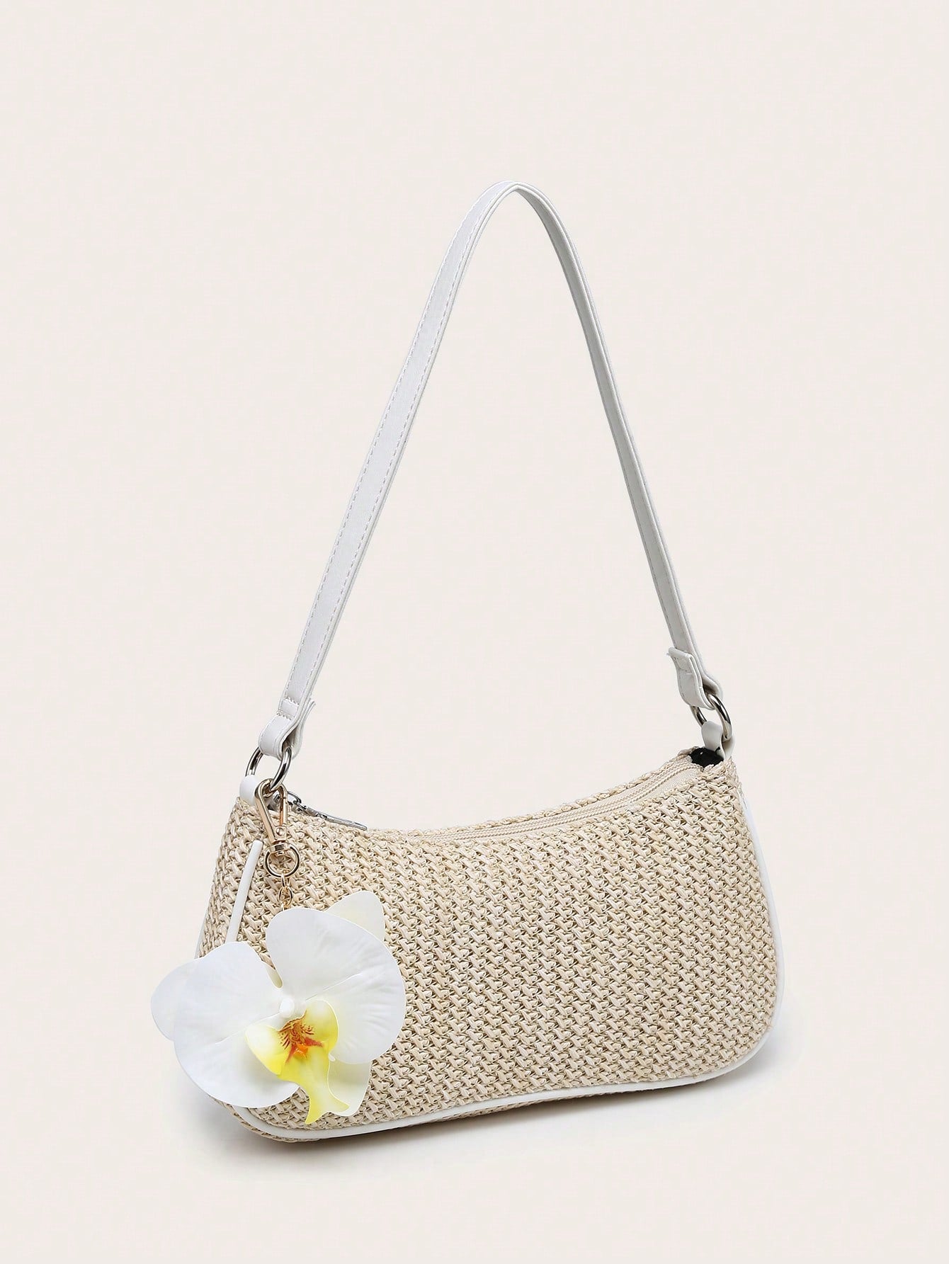 Women's Underarm Shoulder Bag, Square Bag, PU Rope Flower Pendant, Large Capacity, Lightweight, Casual Fashionable Beach Vacation Style, Suitable For Shopping And Vacation , Beach Bag, Holiday, Straw Bag
