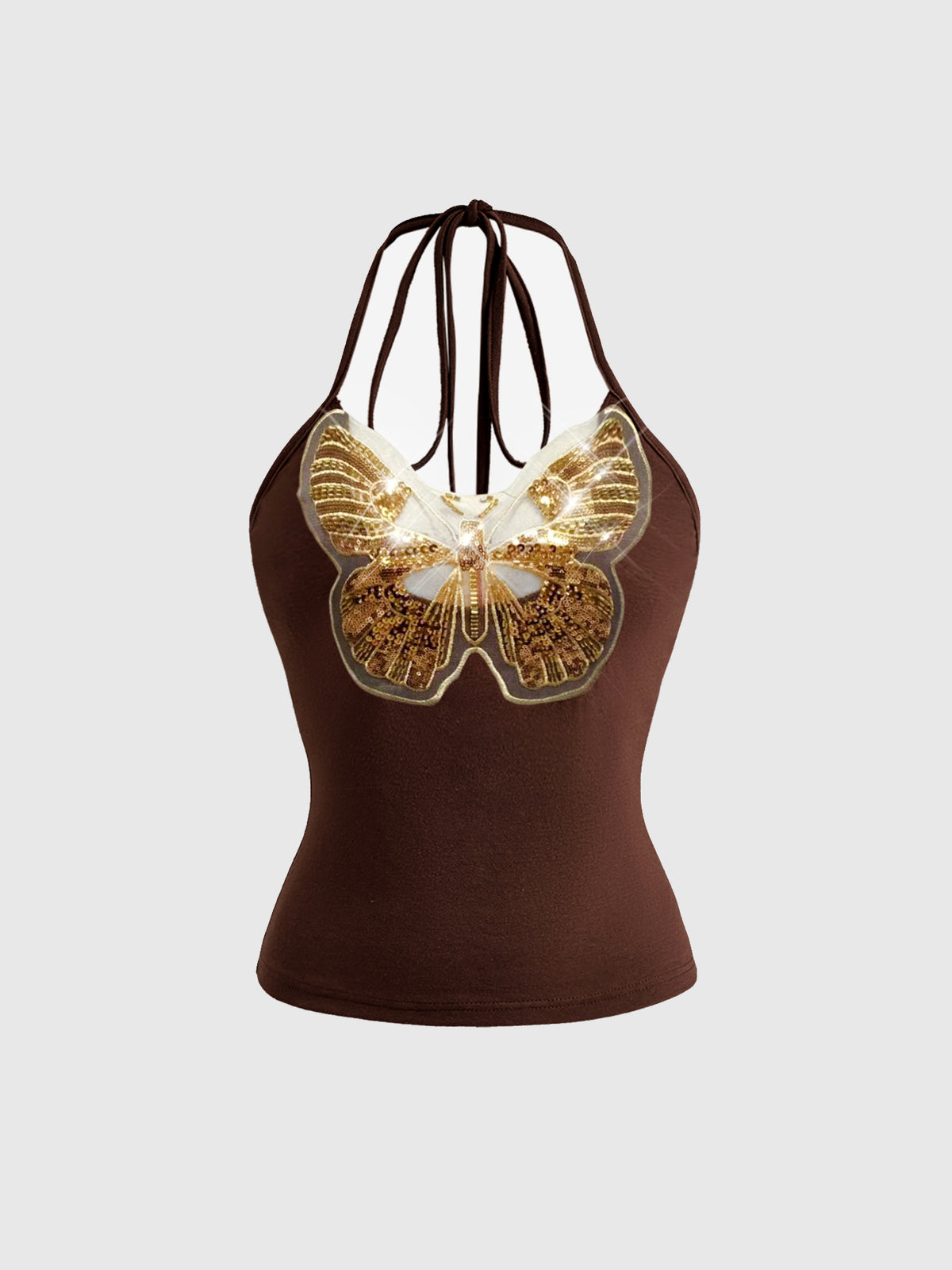 Brown micro crop halter neck tank top featuring contrast butterfly sequin detailing and a slim fit silhouette.