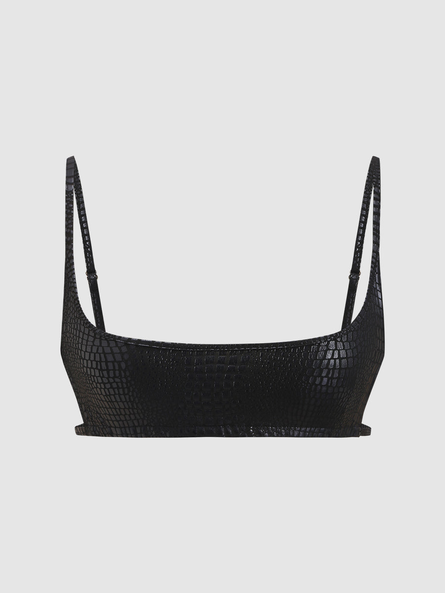 Women's black cropped camisole top with faux crocodile texture, backless spaghetti straps, and matching arm sleeves.