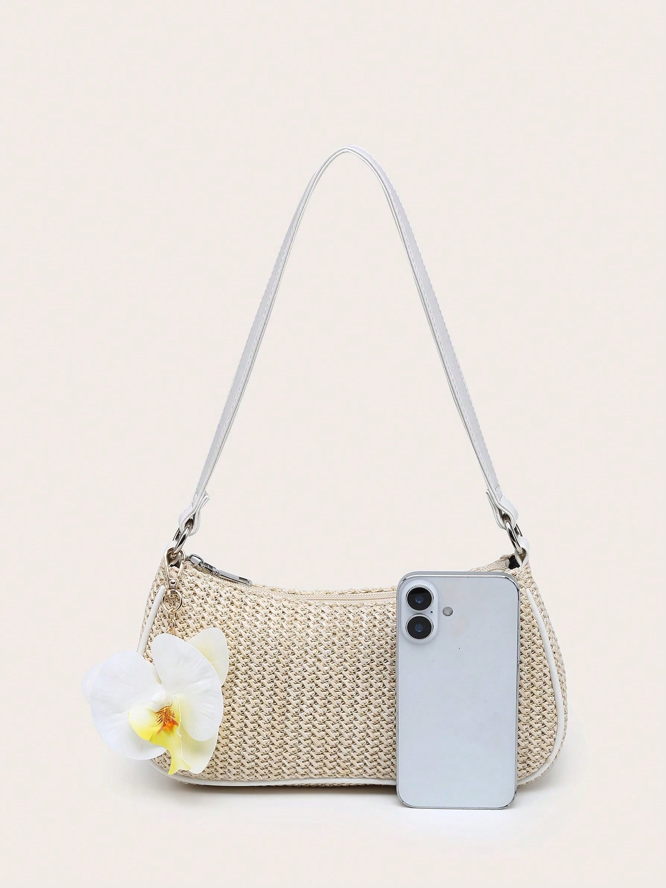 Women's Underarm Shoulder Bag, Square Bag, PU Rope Flower Pendant, Large Capacity, Lightweight, Casual Fashionable Beach Vacation Style, Suitable For Shopping And Vacation , Beach Bag, Holiday, Straw Bag