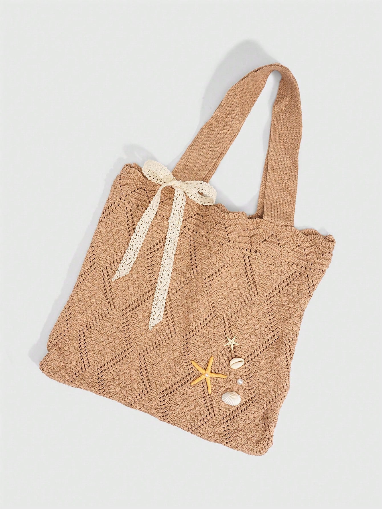 ROMWE Fairycore 1 Pc Tropical Ocean Beach Vacation Style Woven Hollow Beige Women's Shoulder Crossbody Handbag, Large Capacity Travel Vacation Bag