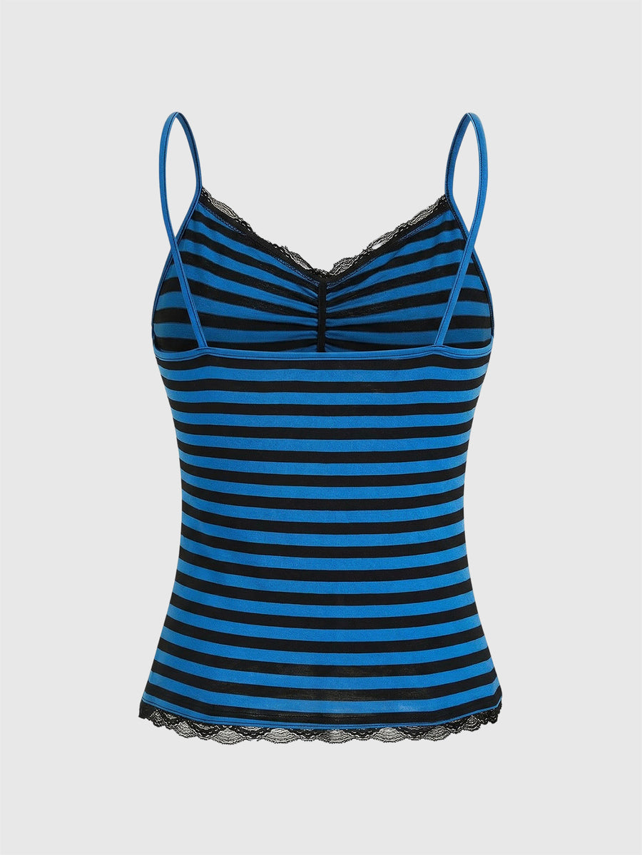 Burgundy and black striped lace trim camisole with spaghetti straps and ruched rib-knit detail.