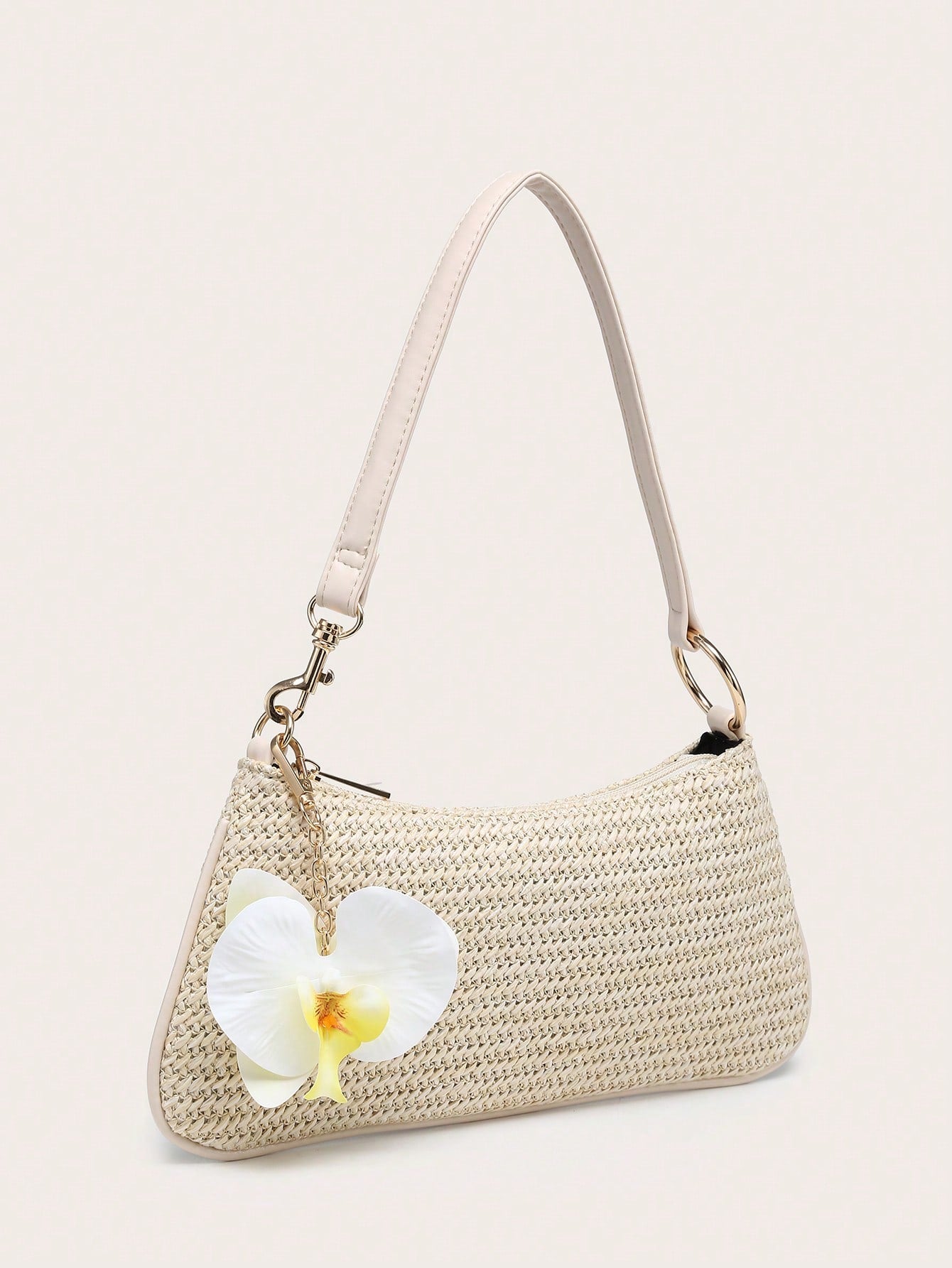 Women's Underarm Shoulder Bag, Square Bag, PU Rope Flower Pendant, Large Capacity, Lightweight, Casual Fashionable Beach Vacation Style, Suitable For Shopping And Vacation , Beach Bag, Holiday, Straw Bag
