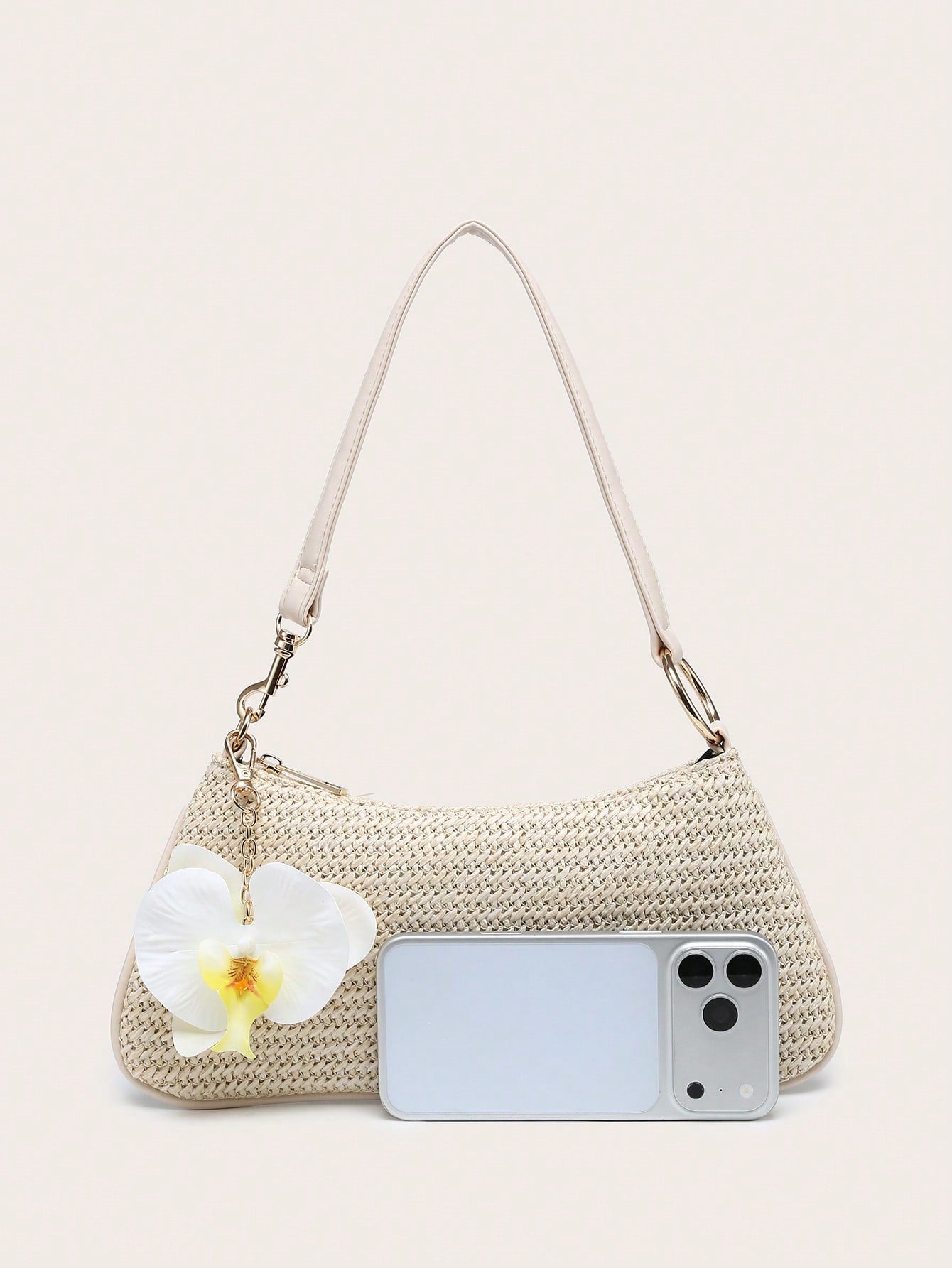 Women's Underarm Shoulder Bag, Square Bag, PU Rope Flower Pendant, Large Capacity, Lightweight, Casual Fashionable Beach Vacation Style, Suitable For Shopping And Vacation , Beach Bag, Holiday, Straw Bag