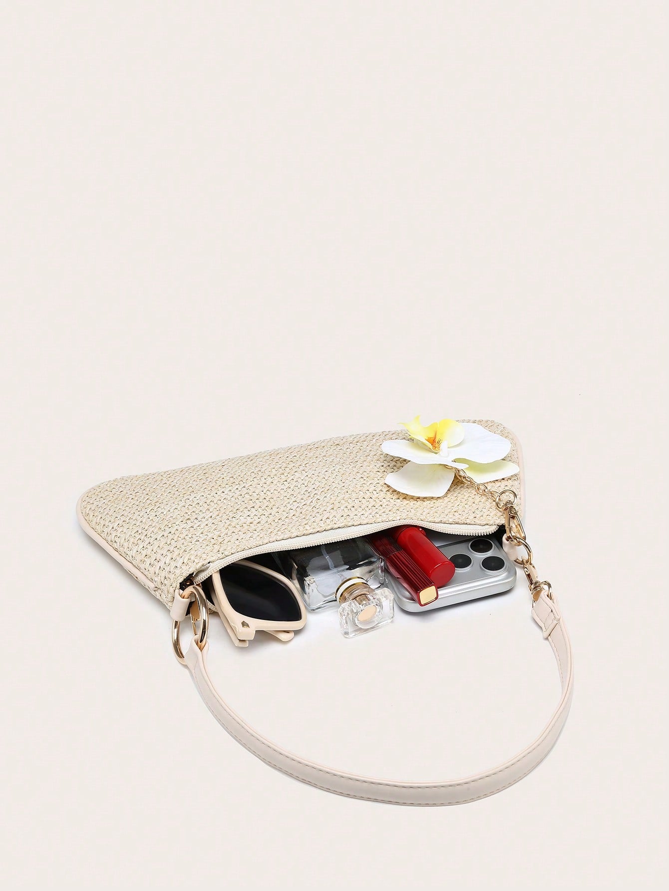 Women's Underarm Shoulder Bag, Square Bag, PU Rope Flower Pendant, Large Capacity, Lightweight, Casual Fashionable Beach Vacation Style, Suitable For Shopping And Vacation , Beach Bag, Holiday, Straw Bag