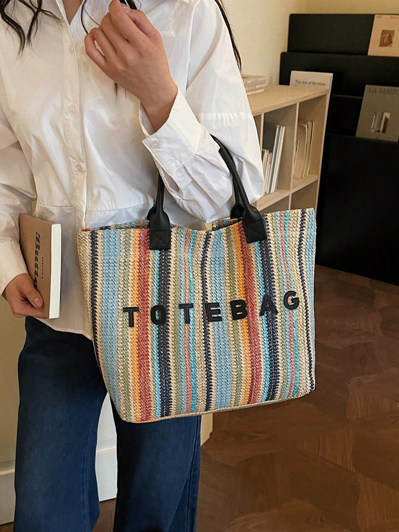 New Large Capacity Letter Decor Woven Straw Tote Bag, Multi-Functional Commute Casual Vacation Woven Straw Handbag Suitable For Commuting, Shopping, Beach Vacation, Office, Holidays