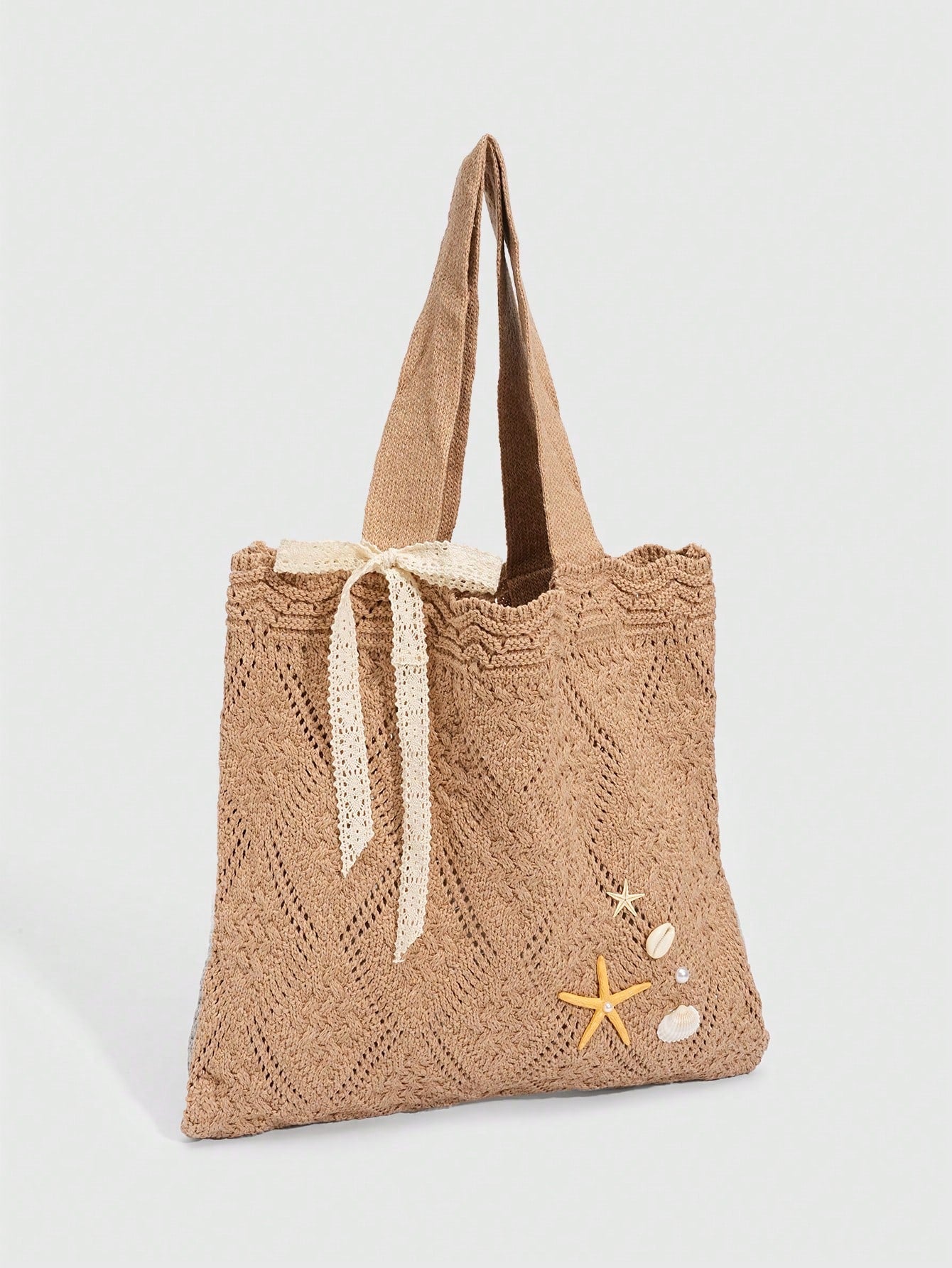 ROMWE Fairycore 1 Pc Tropical Ocean Beach Vacation Style Woven Hollow Beige Women's Shoulder Crossbody Handbag, Large Capacity Travel Vacation Bag