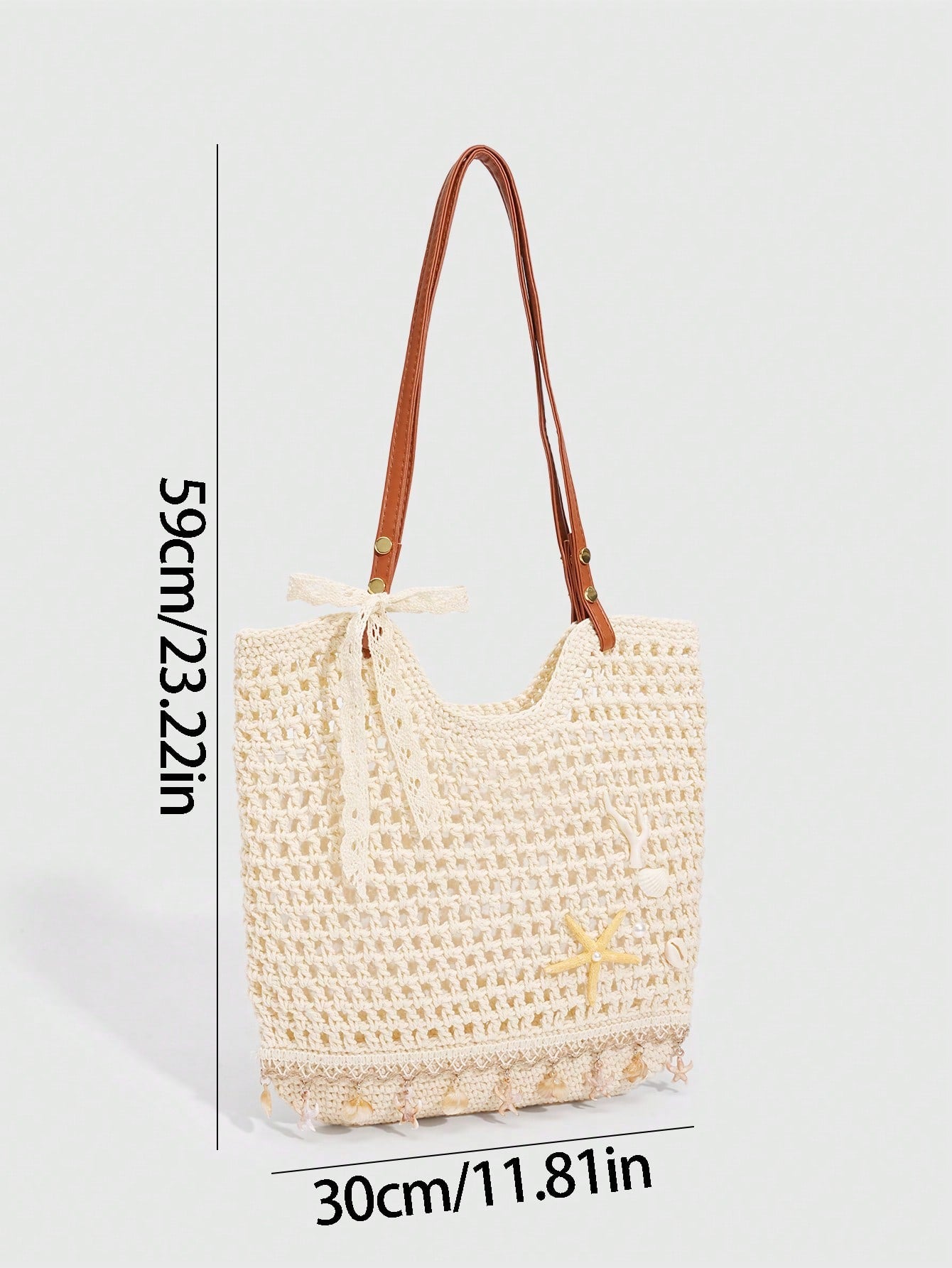 ROMWE Fairycore 1 Pc Tropical Ocean Beach Vacation Style Woven Hollow Beige Women's Shoulder Crossbody Handbag, Large Capacity Travel Vacation Bag