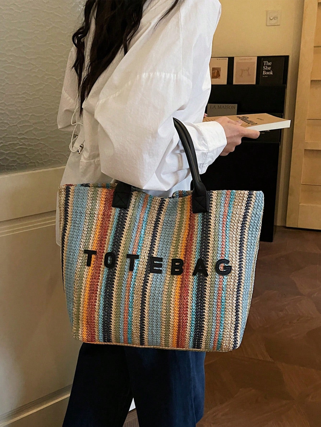 New Large Capacity Letter Decor Woven Straw Tote Bag, Multi-Functional Commute Casual Vacation Woven Straw Handbag Suitable For Commuting, Shopping, Beach Vacation, Office, Holidays