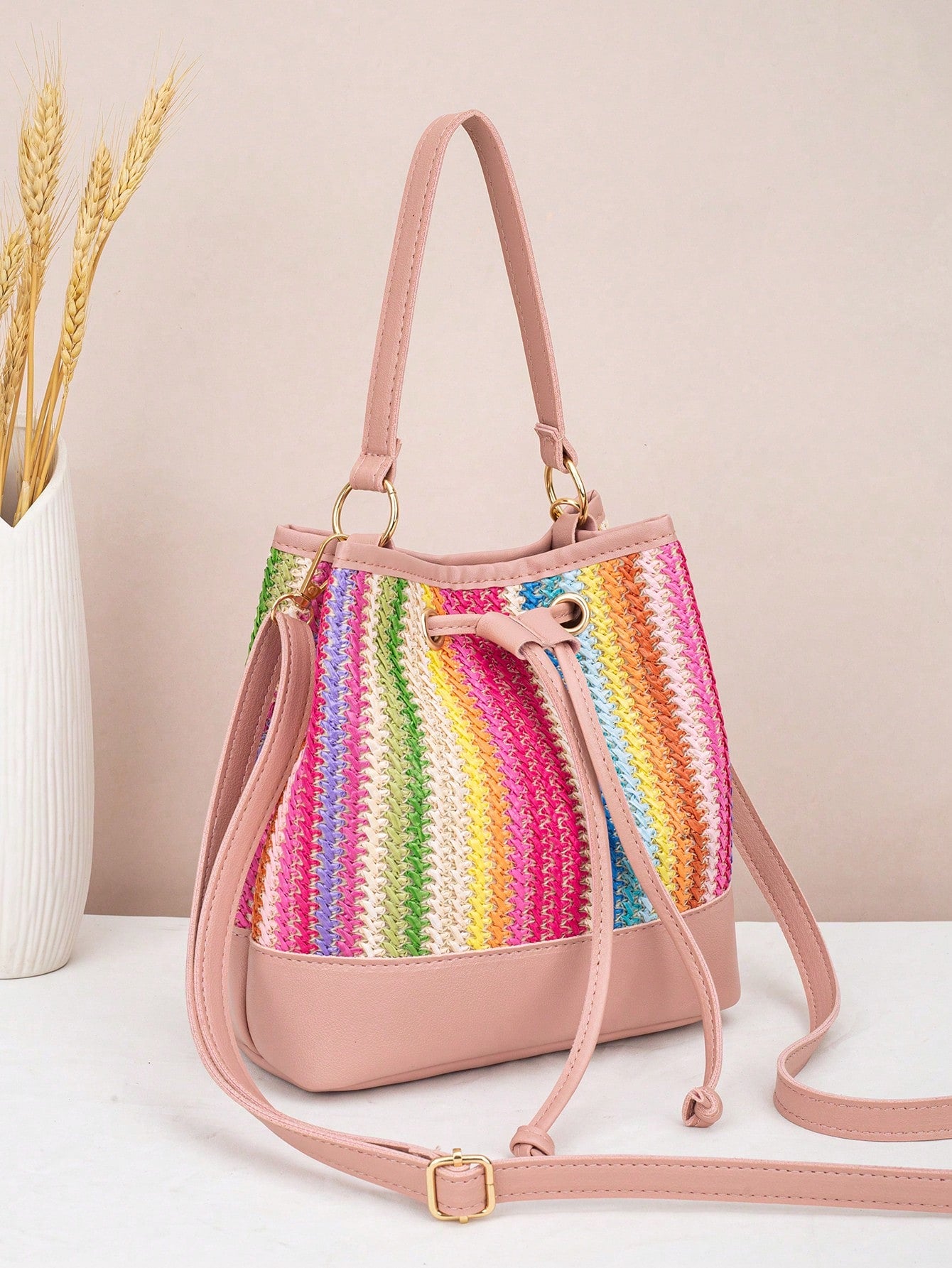 Drawstring Bucket Bag, Large Capacity Daily Versatile Bag, New Summer Beach Bag, Straw Crossbody Bag, Durable Women Handbag