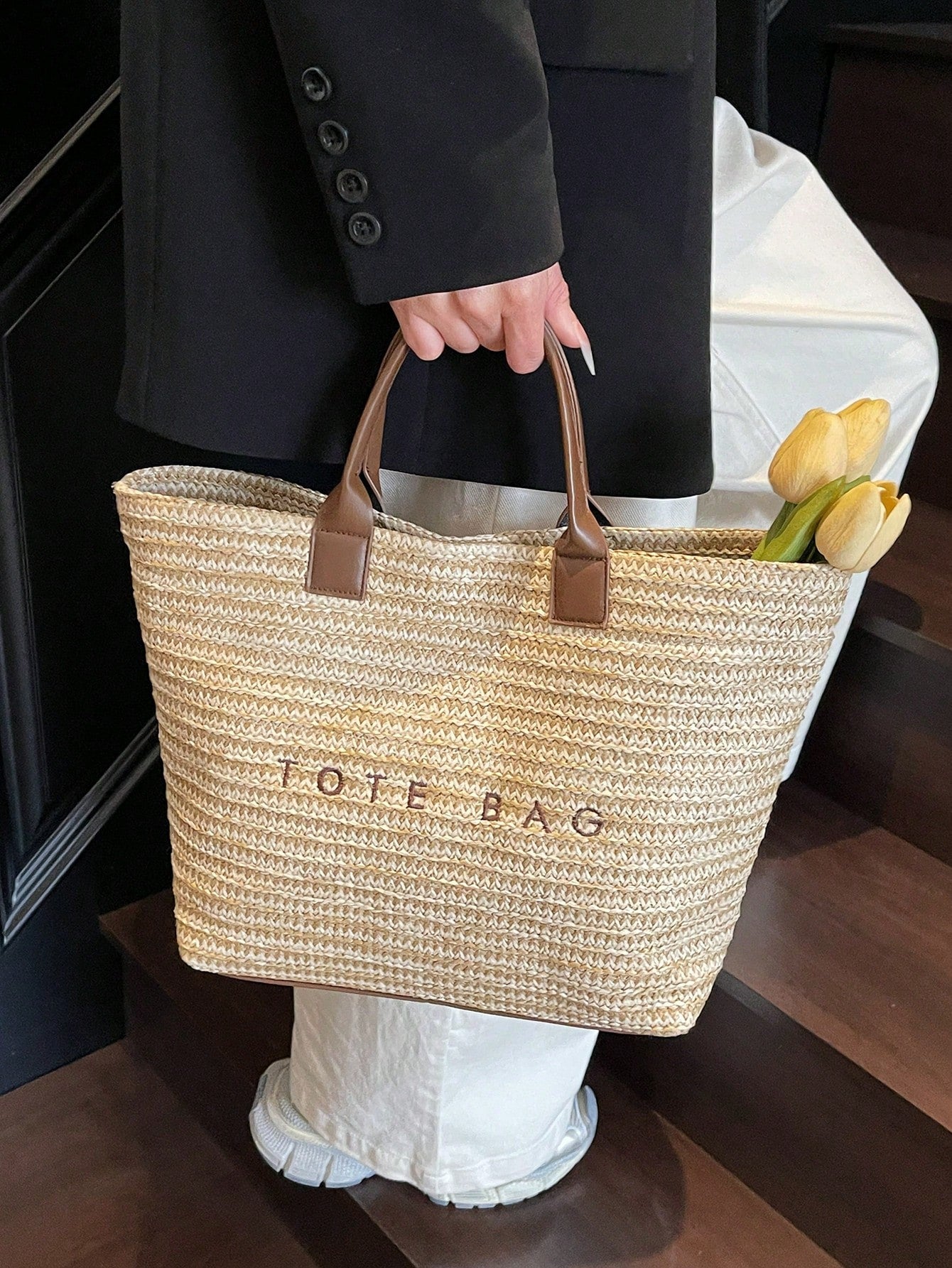 New Large Capacity Letter Decor Woven Straw Tote Bag, Multi-Functional Commute Casual Vacation Woven Straw Handbag Suitable For Commuting, Shopping, Beach Vacation, Office, Holidays