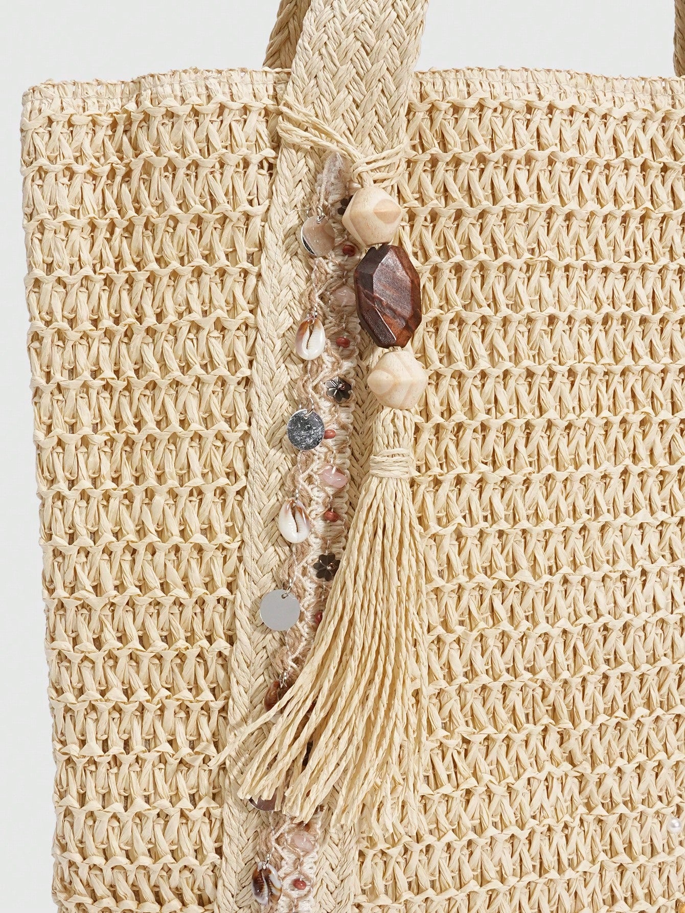 ROMWE Fairycore 1pc Vacation-Themed Shell, Seashell, Coral, Pearl Decor Women Tote Bag, Large Capacity Floral Straw Beach Bag For Spring/Summer