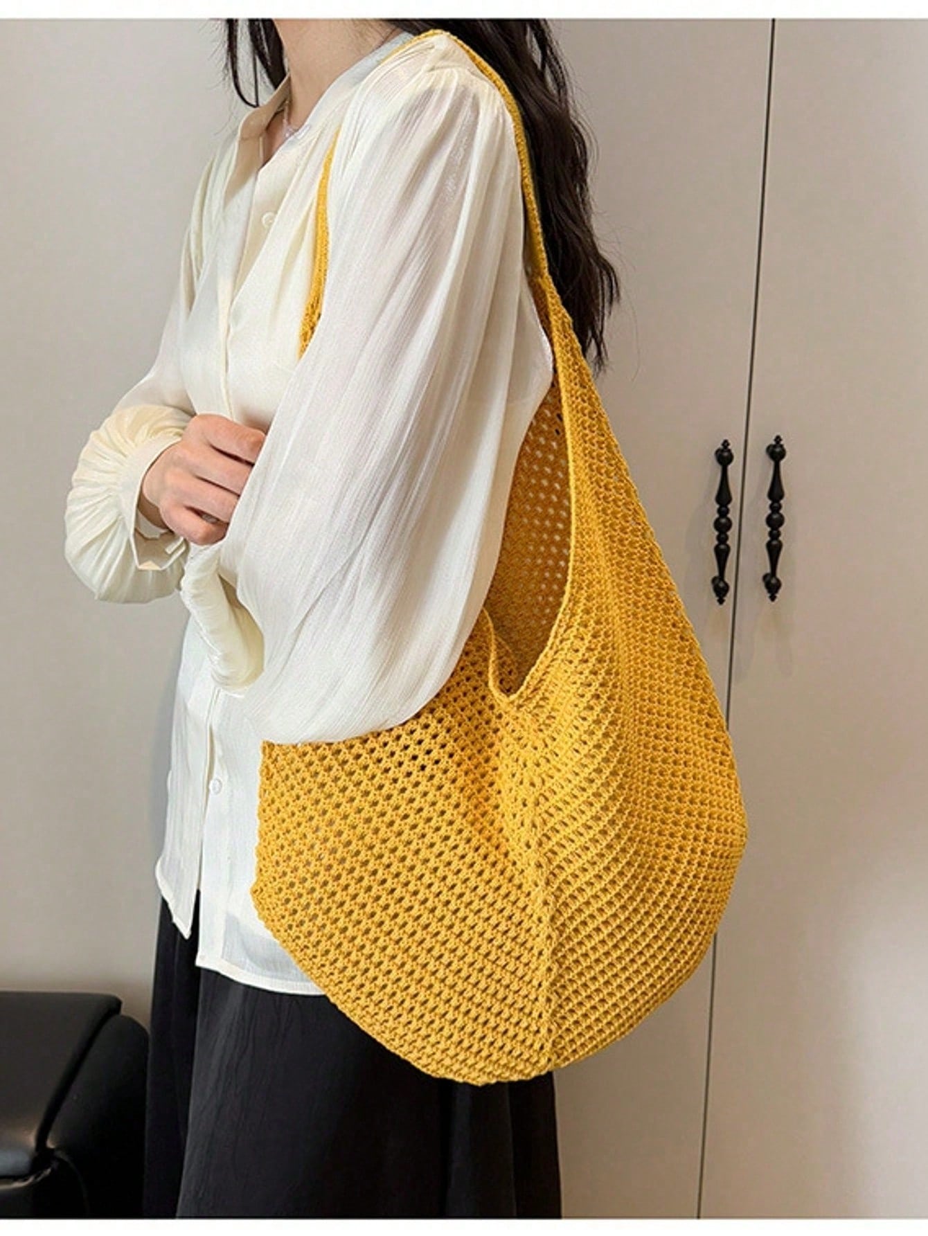 Large Capacity Crochet Shoulder Tote Bag - Lightweight, Multifunctional Knitted Handbag, Beige, Pink, Brown, Black, Suitable For Travel, Beach, Vacation And Daily Use, Large Tote Bag , Beach Bag , Crochet, Holiday, Yellow