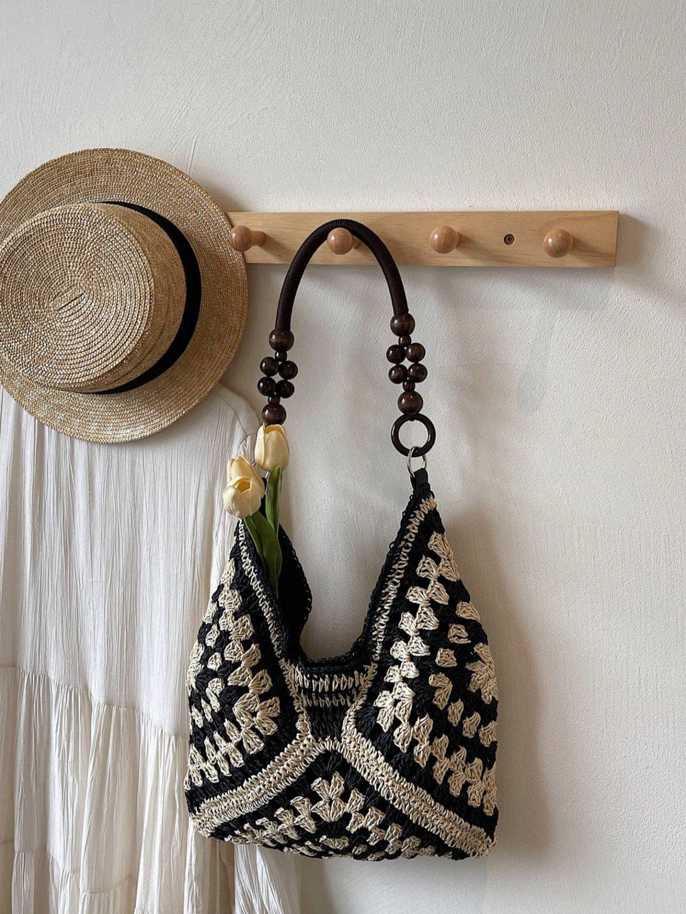Handmade Crochet Hollow Straw Bag, Patchwork Large Capacity Shoulder Bag, Bohemian Contrast Color Straw Bag, Casual Versatile Women Bag, Slouchy Woven Bag, Summer Beach Vacation Straw Bag, Commute & Travel Dual-Use Women Bag, Can Fit , Gift For Women