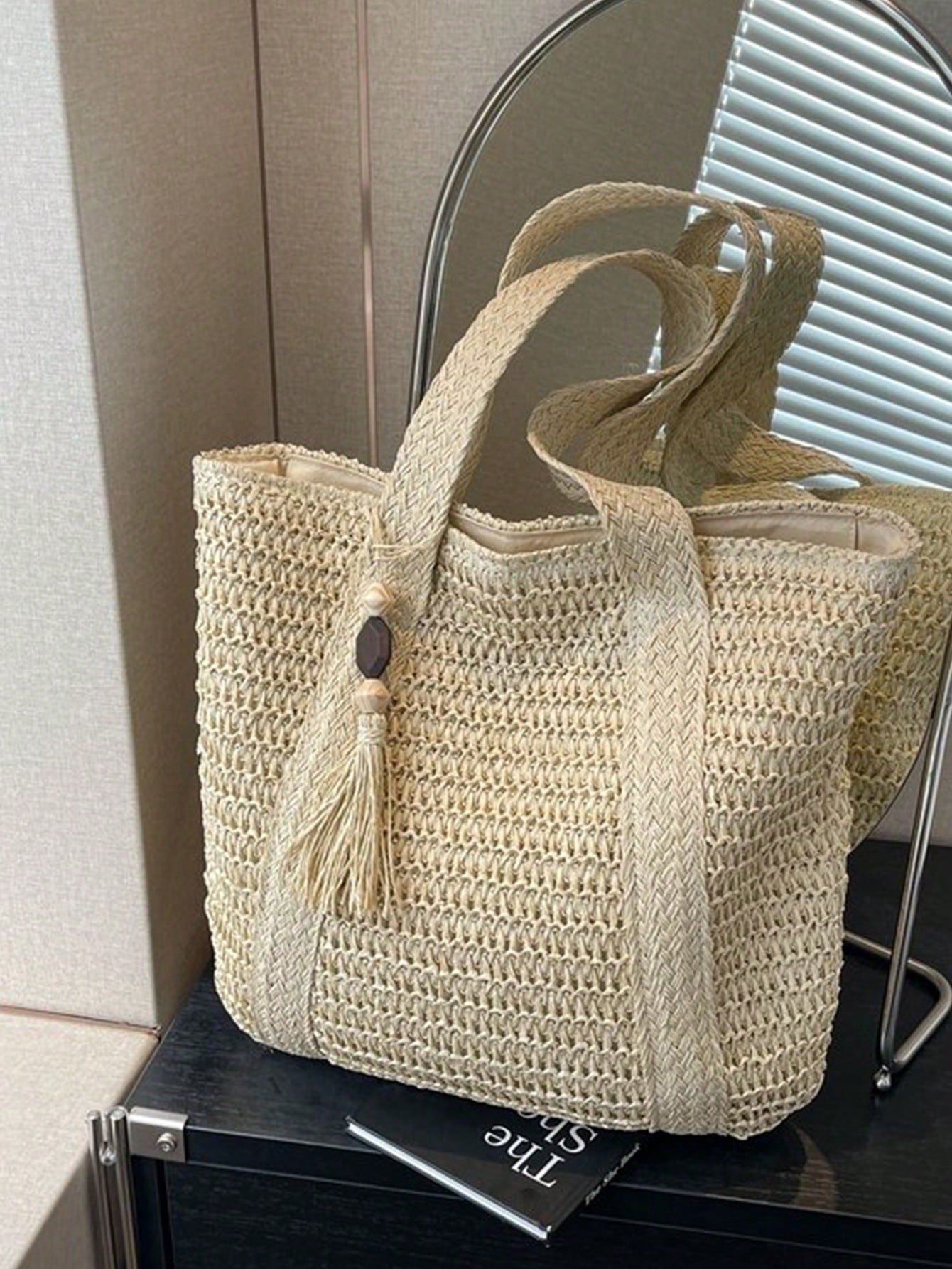 Women's Large Capacity Straw Vacation Beach Bag, Woven With Tassels, Shoulder Handbag Wallet, Casual Fashion Travel Bag, Portable Bohemian Foldable Tote , Bohemian Outfit For Women , Summer, Boho