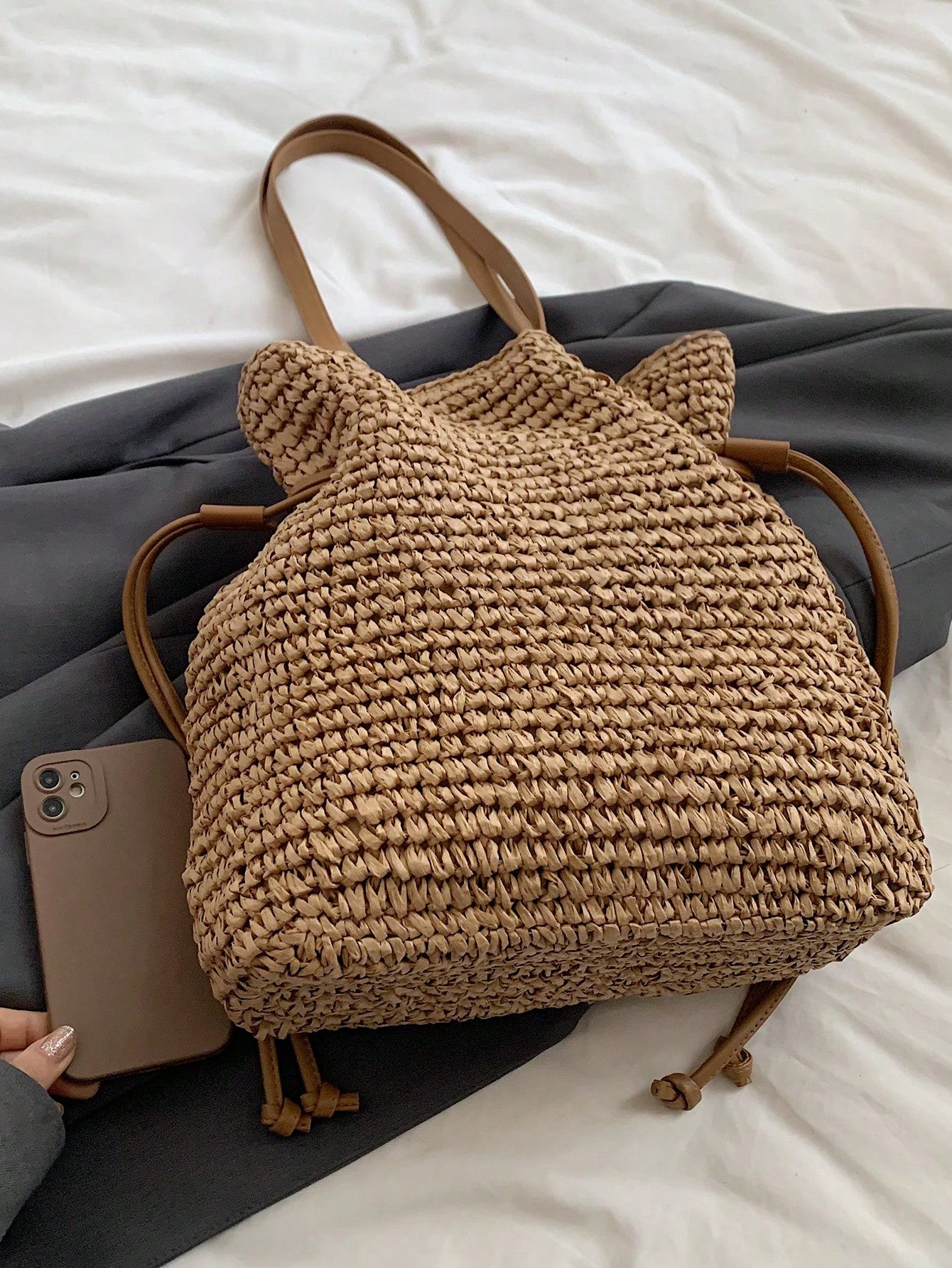 Fashionable Casual Versatile Solid Color Straw Tote Bag, Suitable For Holiday,