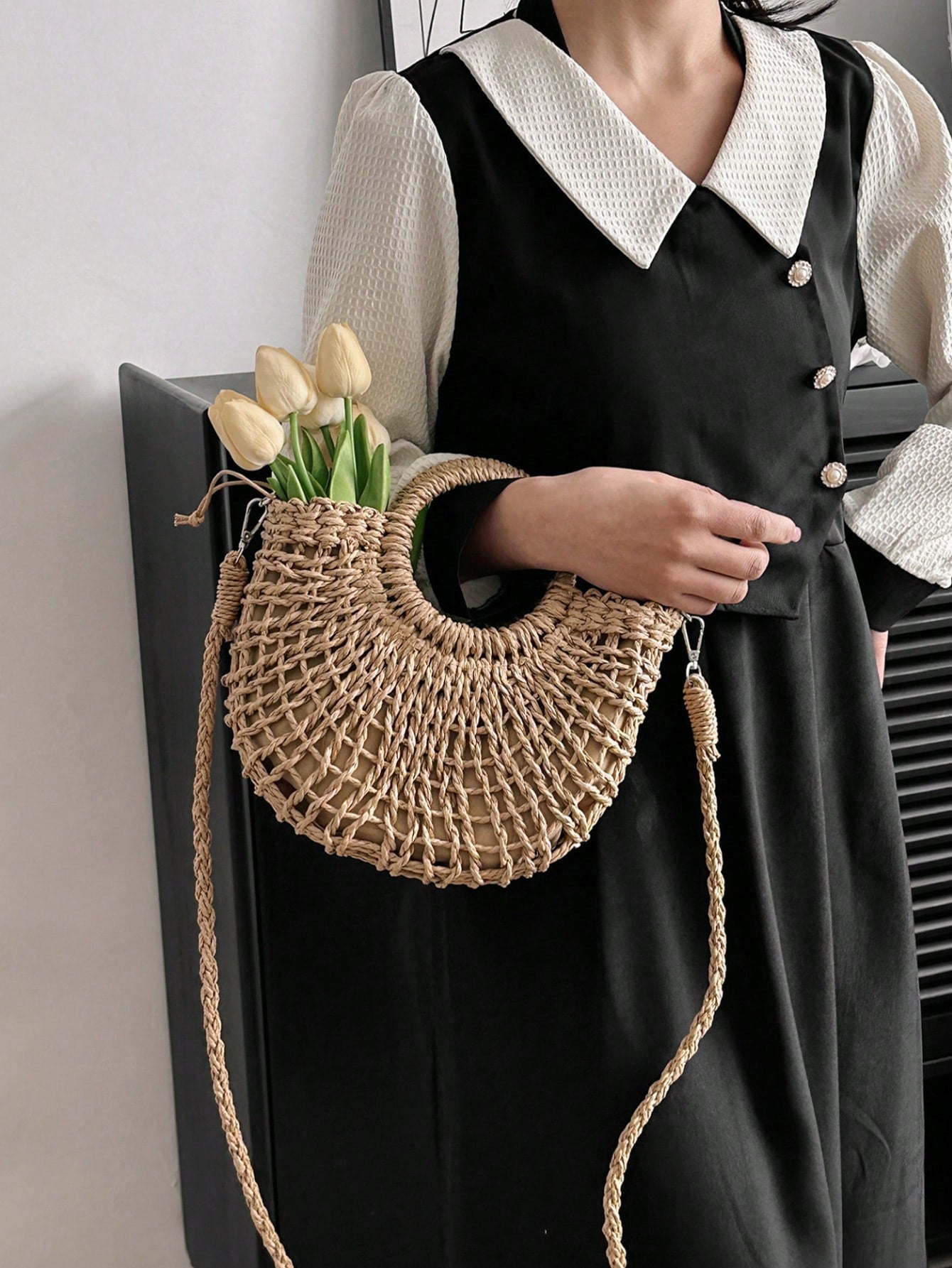 Tropiscape 1pc Half Circle Braided Drawstring Crossbody Bag For Women, Fashion Holiday Handbag For Travel And Daily Shopping Beach Autumn Winter Gifts ,Vacation Essentials