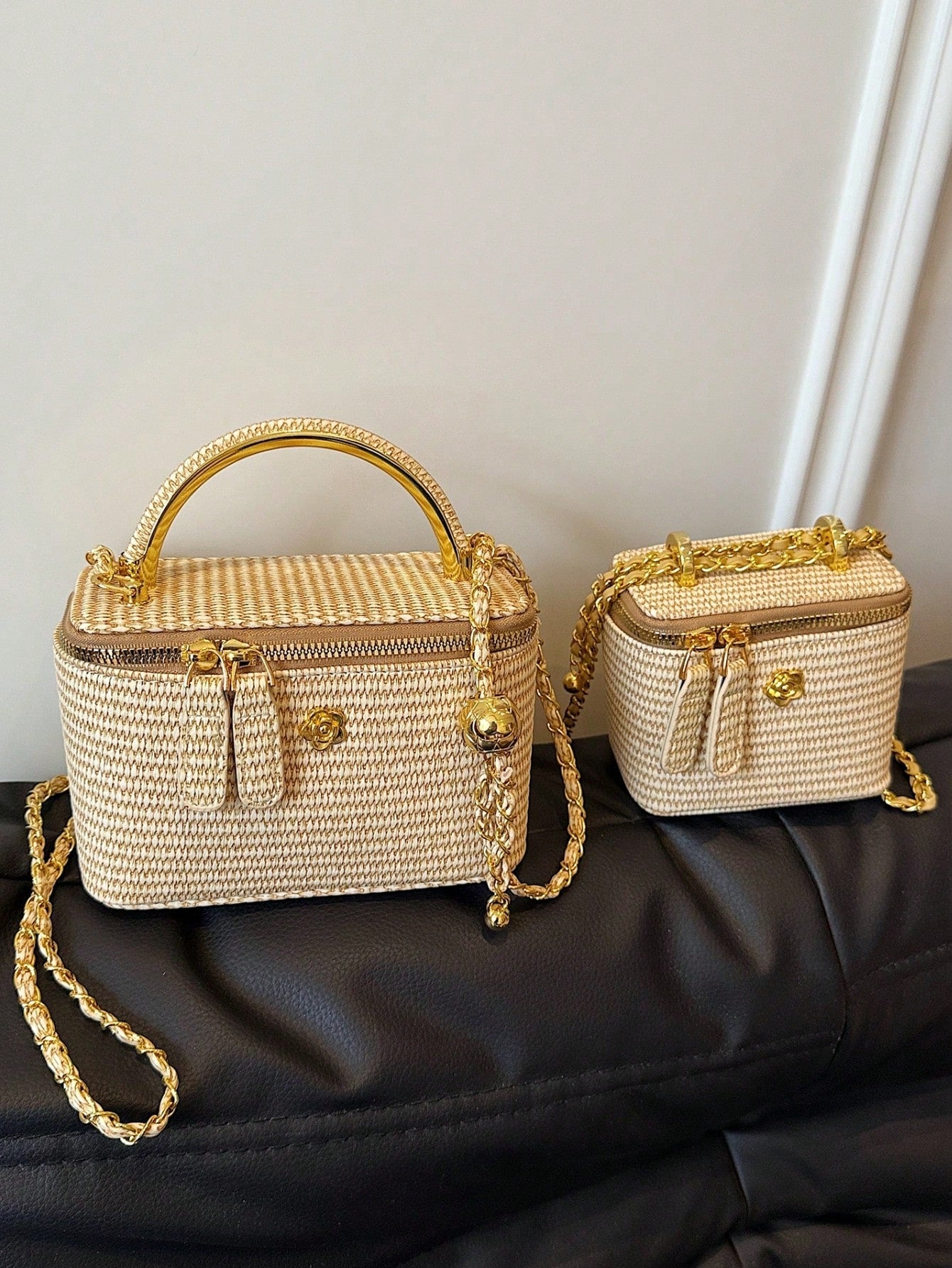 Woven Texture Handle Box-Shaped Handbag, Women's Spring/Summer New Fashion Chain Crossbody Small Square Bag, Versatile Beach Holiday Purse