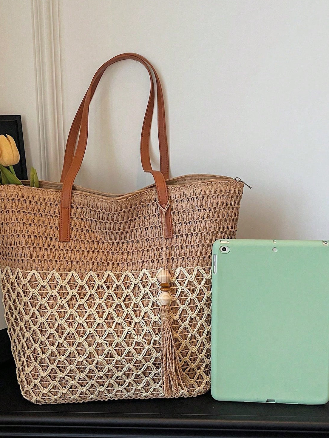 Tasseled Accent Colorblock Tote Bag, Beach Vacation Bag