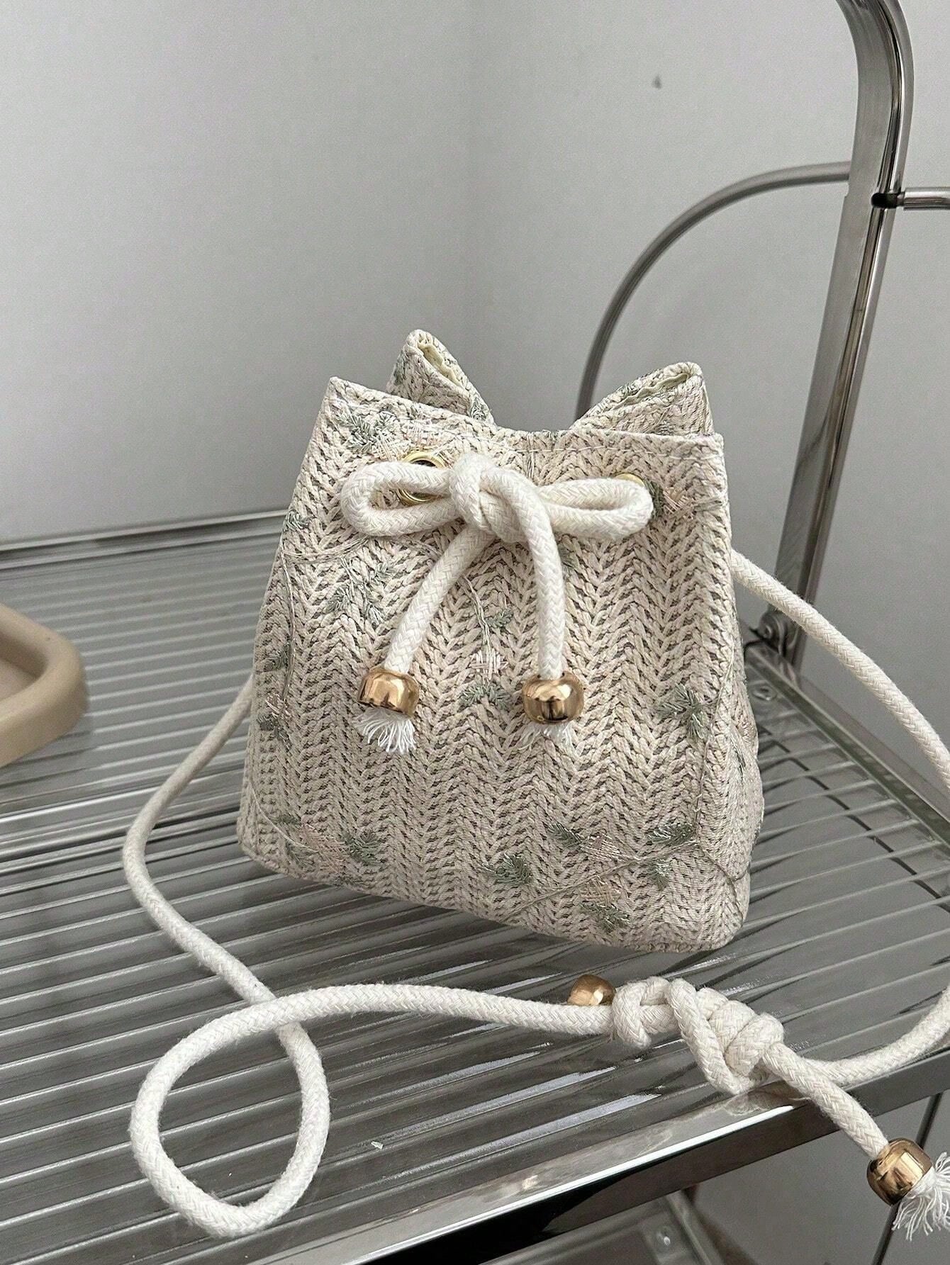 Tropiscape Mini Floral Embroidered Drawstring Detail Vacation, Straw Purse