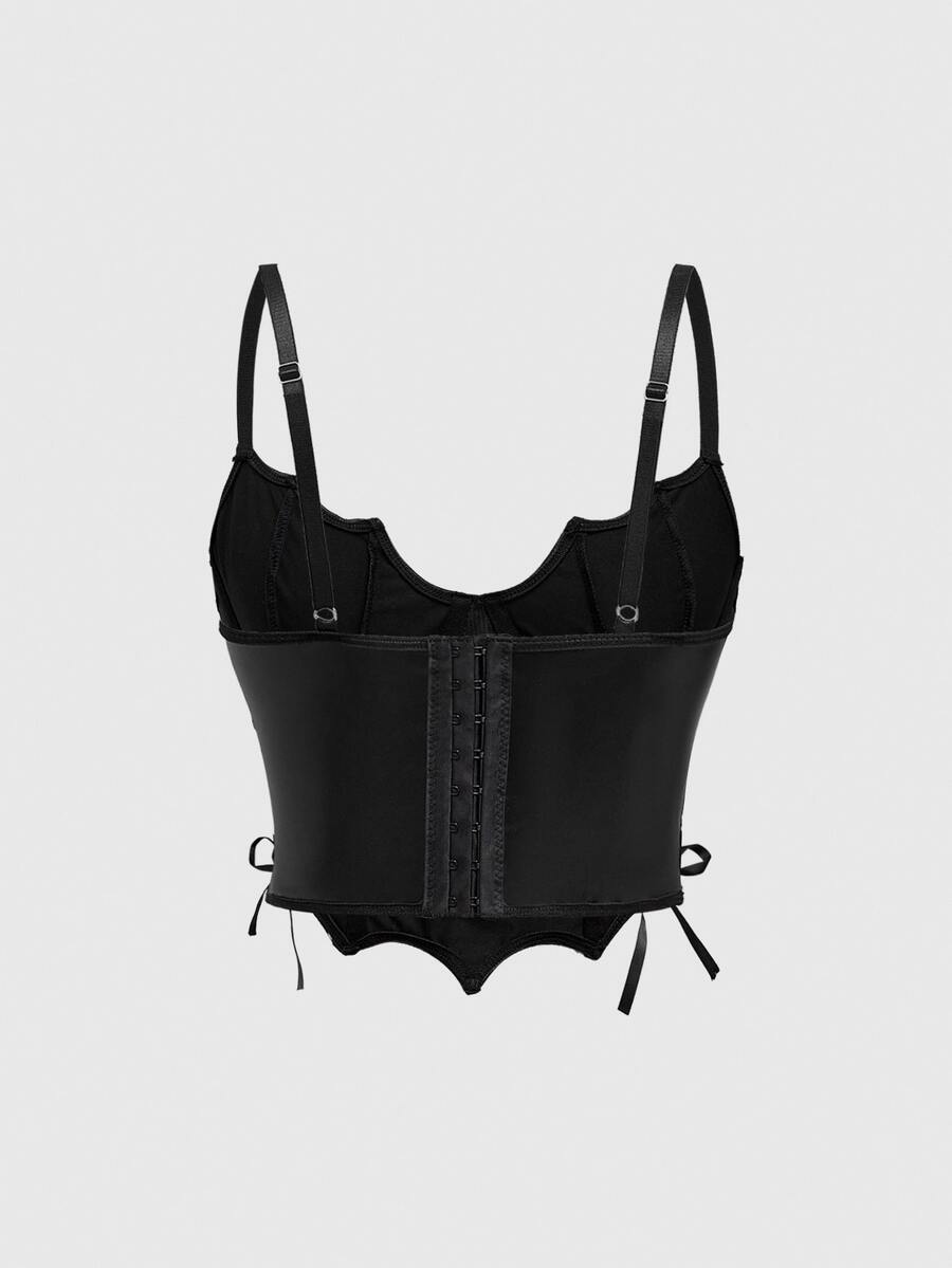 Black goth bat print front-tied camisole for women featuring spaghetti straps, lace-up detail, zipper, cold shoulder accents, and an asymmetrical hem.
