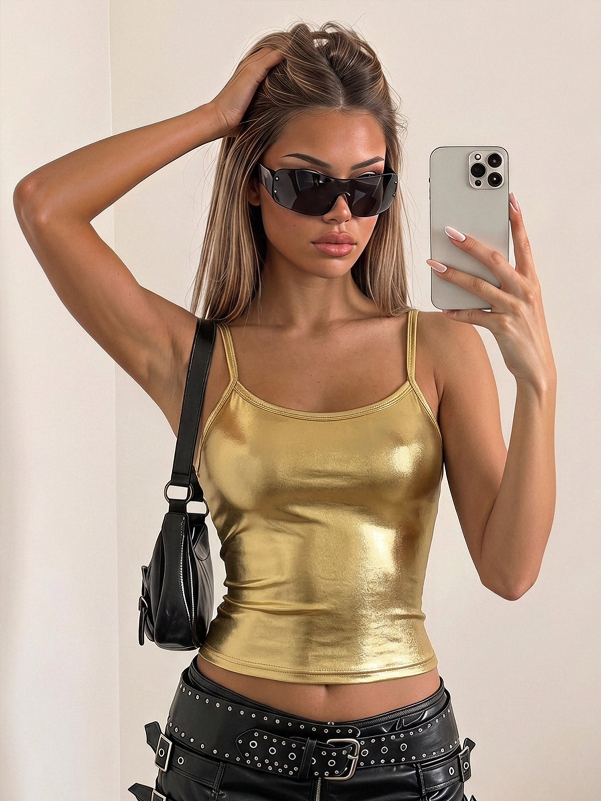 Women's gold PU leather cropped cami top with thin spaghetti straps and a slim fit silhouette.