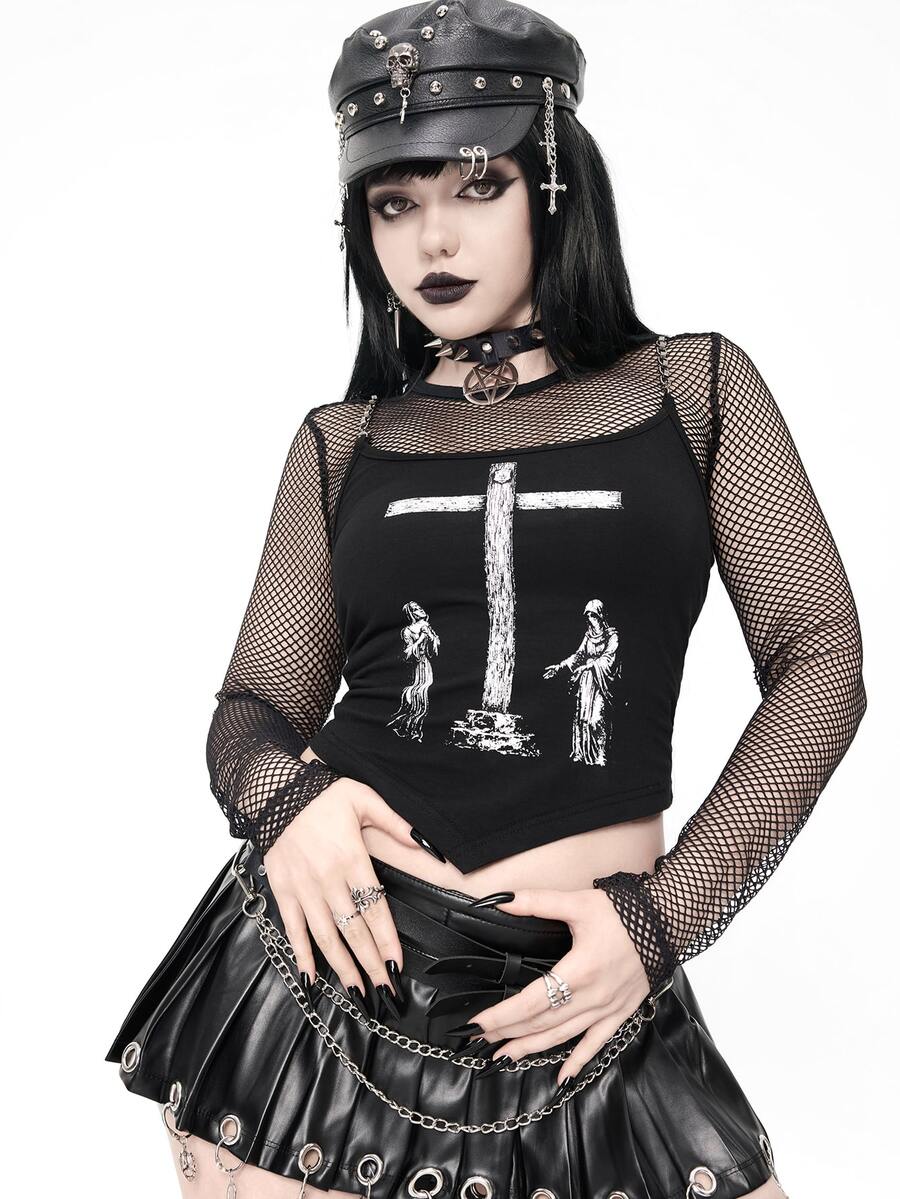 Black gothic rib-knit cross chain camisole top with asymmetrical hem and matching arm sleeves.