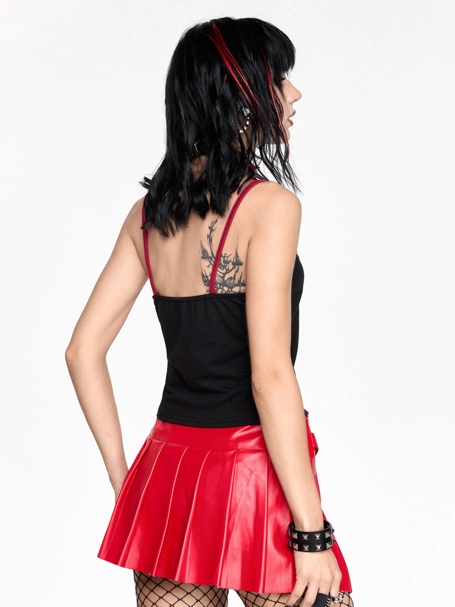 Women's black Halloween contrast print slim fit camisole tank top with spaghetti straps and ruched detailing.
