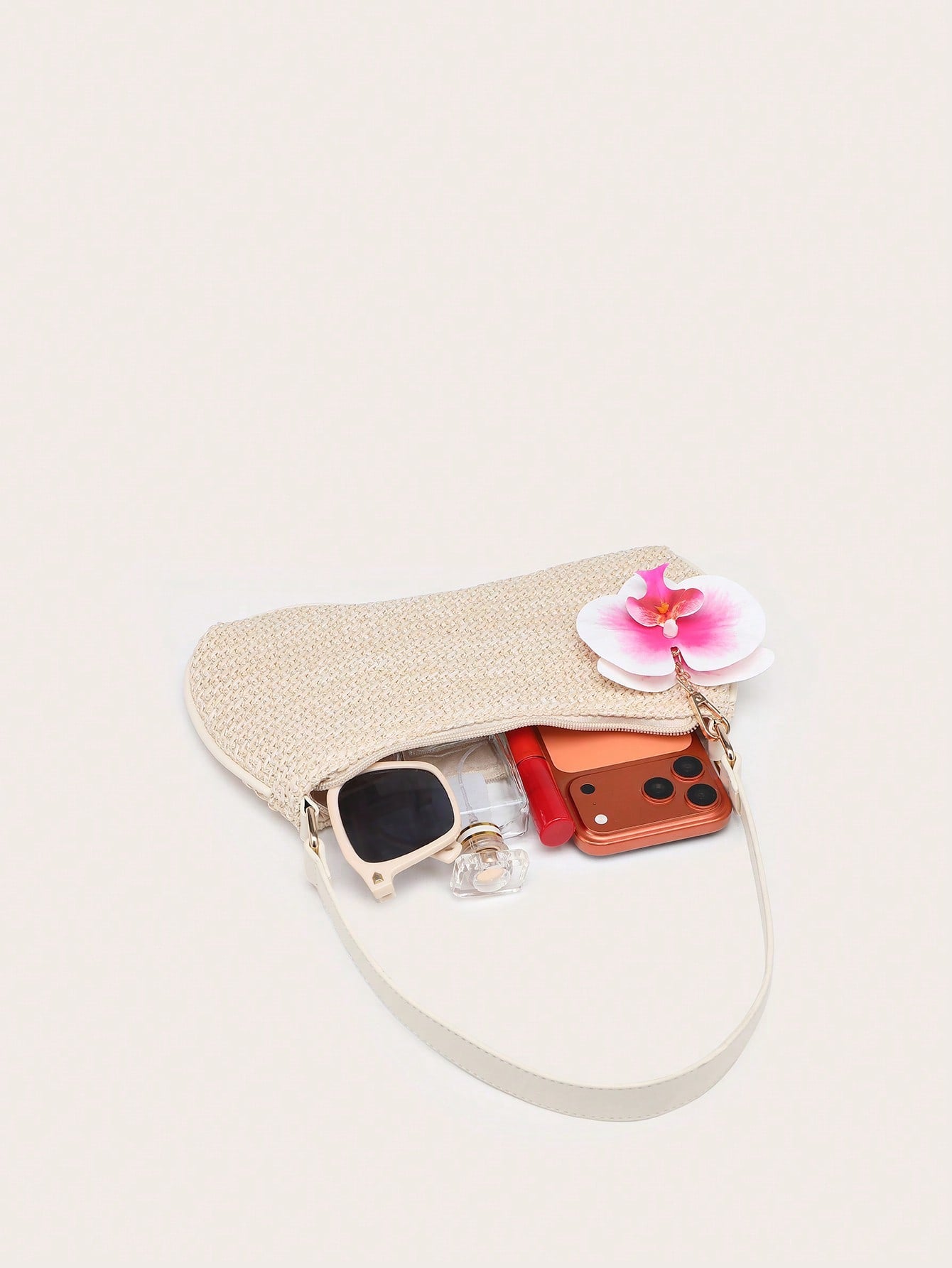 Women's Underarm Shoulder Bag, Square Bag, PU Rope Flower Pendant, Large Capacity, Lightweight, Casual Fashionable Beach Vacation Style, Suitable For Shopping And Vacation , Beach Bag, Holiday, Straw Bag