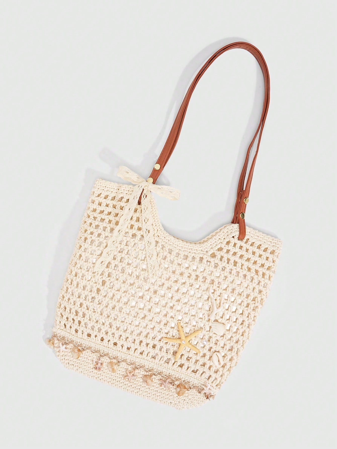 ROMWE Fairycore 1 Pc Tropical Ocean Beach Vacation Style Woven Hollow Beige Women's Shoulder Crossbody Handbag, Large Capacity Travel Vacation Bag