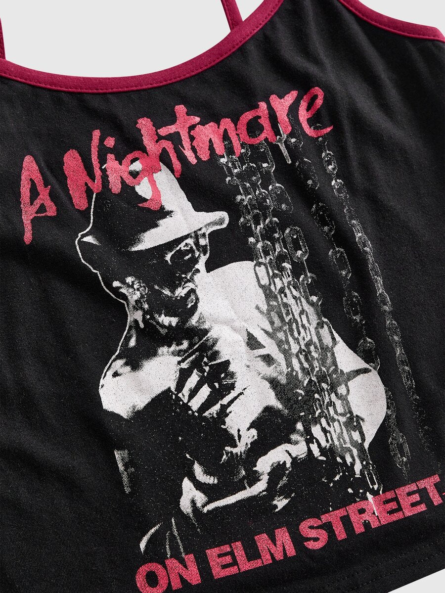 Women's black Halloween contrast print slim fit camisole tank top with spaghetti straps and ruched detailing.