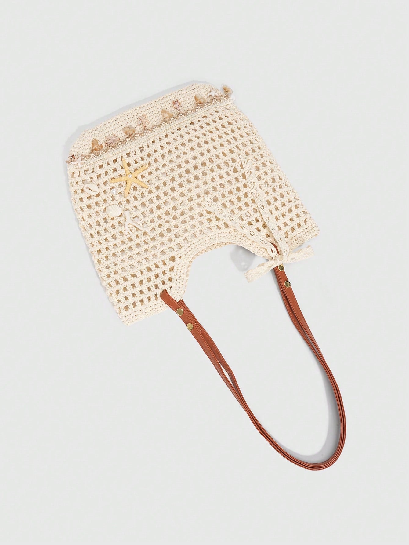 ROMWE Fairycore 1 Pc Tropical Ocean Beach Vacation Style Woven Hollow Beige Women's Shoulder Crossbody Handbag, Large Capacity Travel Vacation Bag