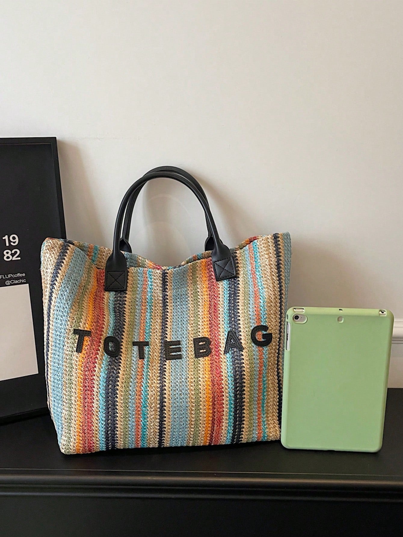 New Large Capacity Letter Decor Woven Straw Tote Bag, Multi-Functional Commute Casual Vacation Woven Straw Handbag Suitable For Commuting, Shopping, Beach Vacation, Office, Holidays