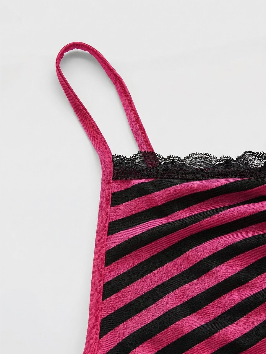 Burgundy and black striped lace trim camisole with spaghetti straps and ruched rib-knit detail.