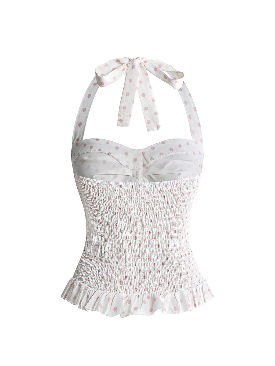 Pink plaid backless halter camisole set with ruched bust, knot detail, and ruffle hem for women.