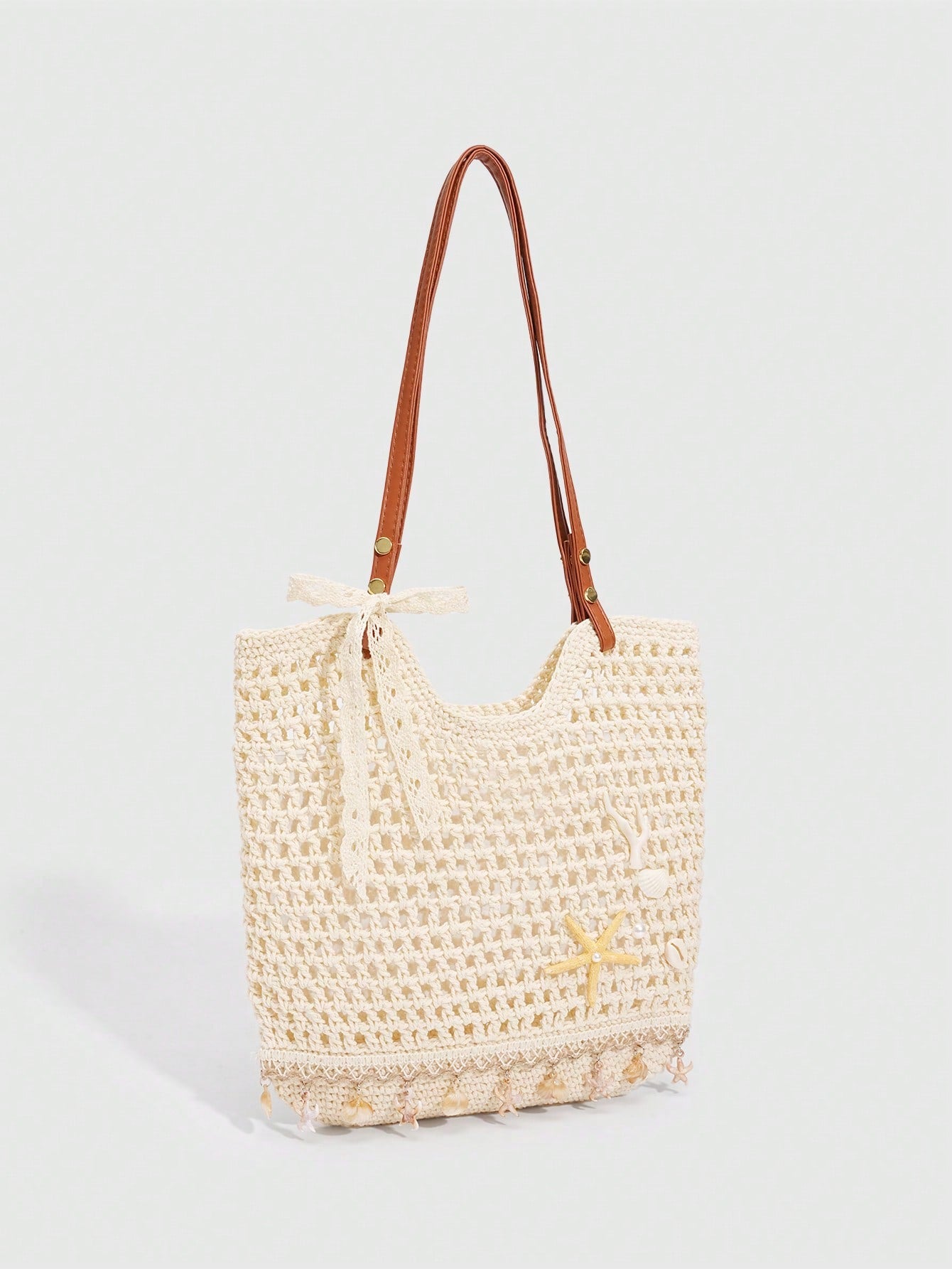 ROMWE Fairycore 1 Pc Tropical Ocean Beach Vacation Style Woven Hollow Beige Women's Shoulder Crossbody Handbag, Large Capacity Travel Vacation Bag