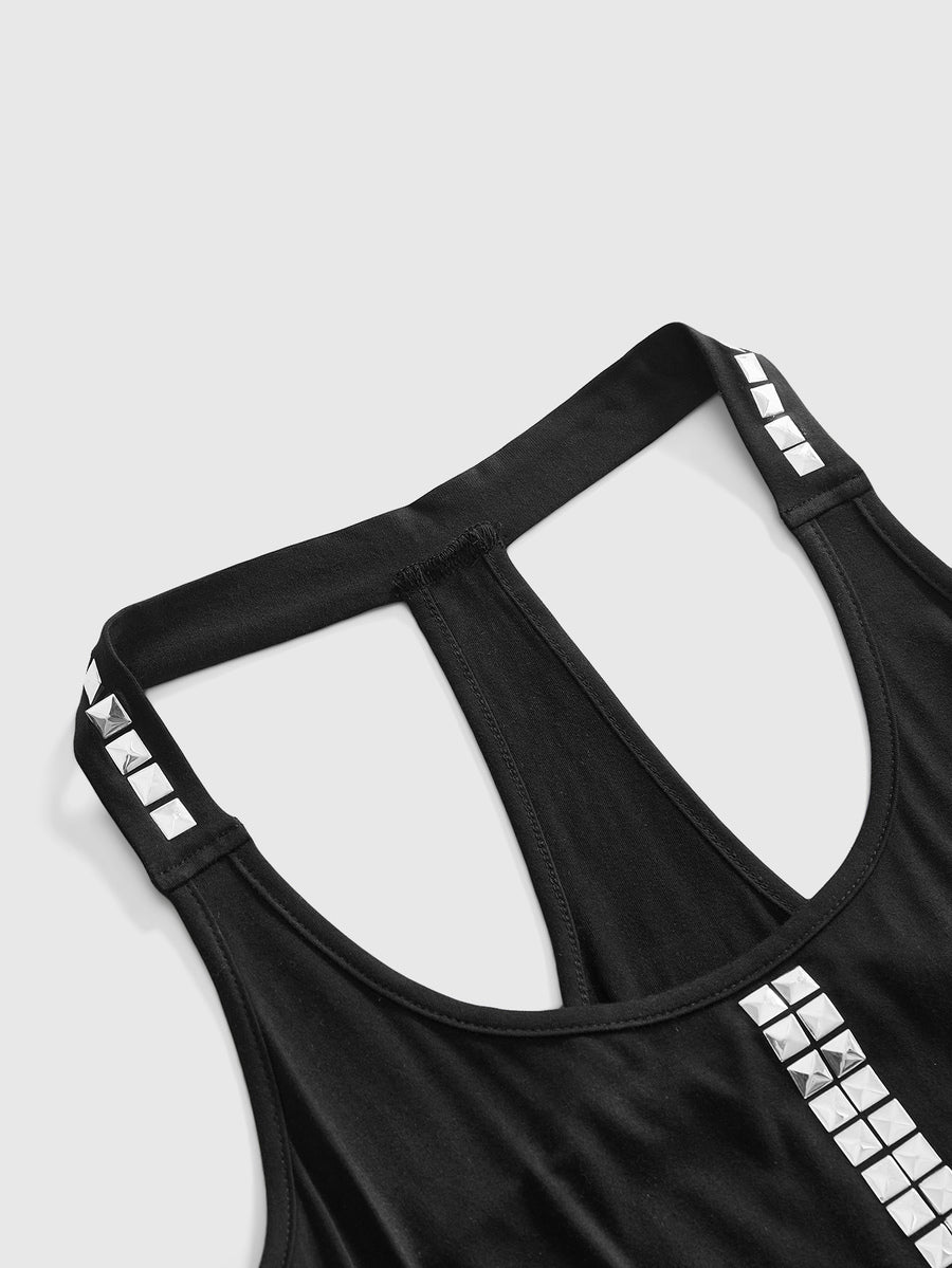 Black backless halter crop tank top with metal rivet trim detail and slim fit.