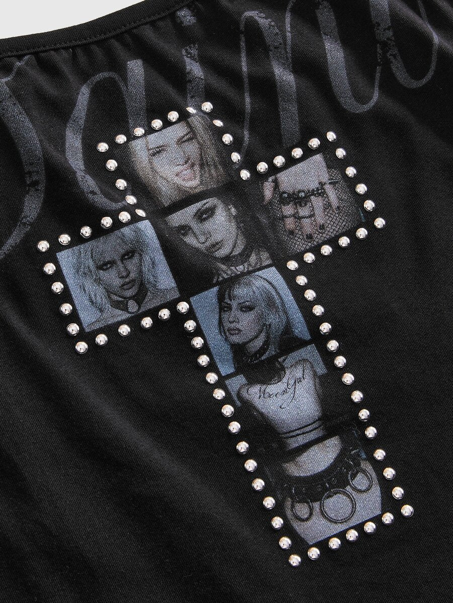 Black fitted cropped spaghetti strap tank top for women featuring a graphic portrait cross print with rhinestone details.