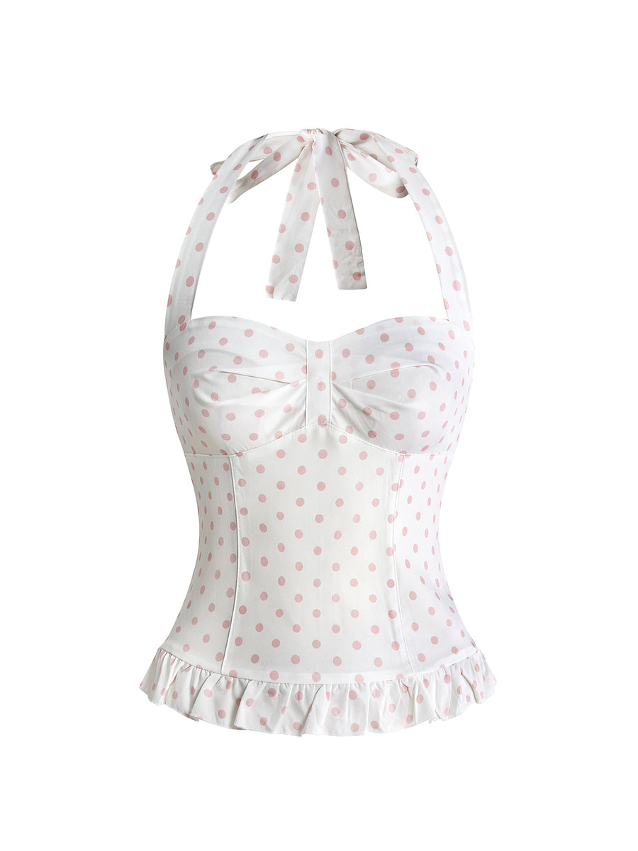 Pink plaid backless halter camisole set with ruched bust, knot detail, and ruffle hem for women.