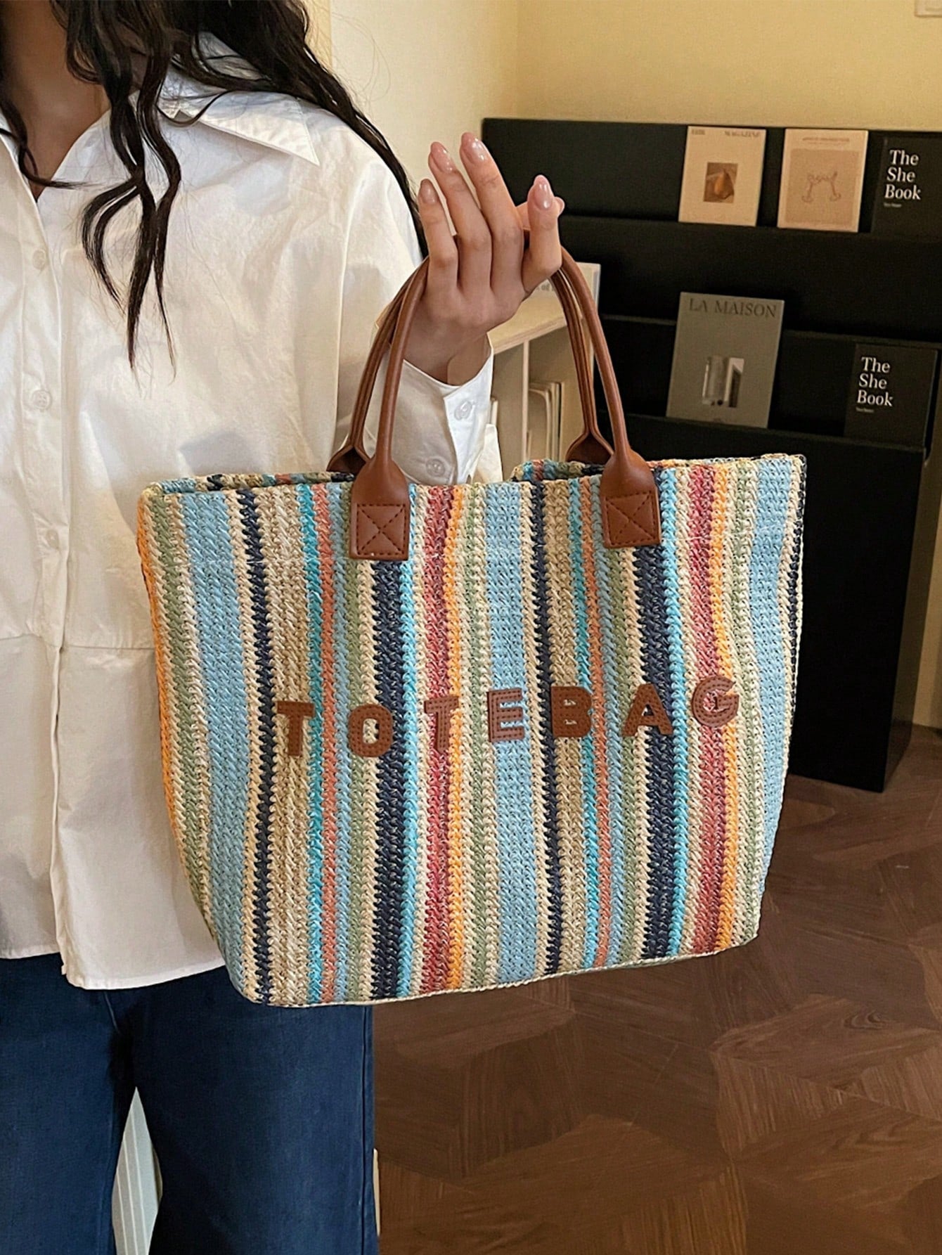 New Large Capacity Letter Decor Woven Straw Tote Bag, Multi-Functional Commute Casual Vacation Woven Straw Handbag Suitable For Commuting, Shopping, Beach Vacation, Office, Holidays