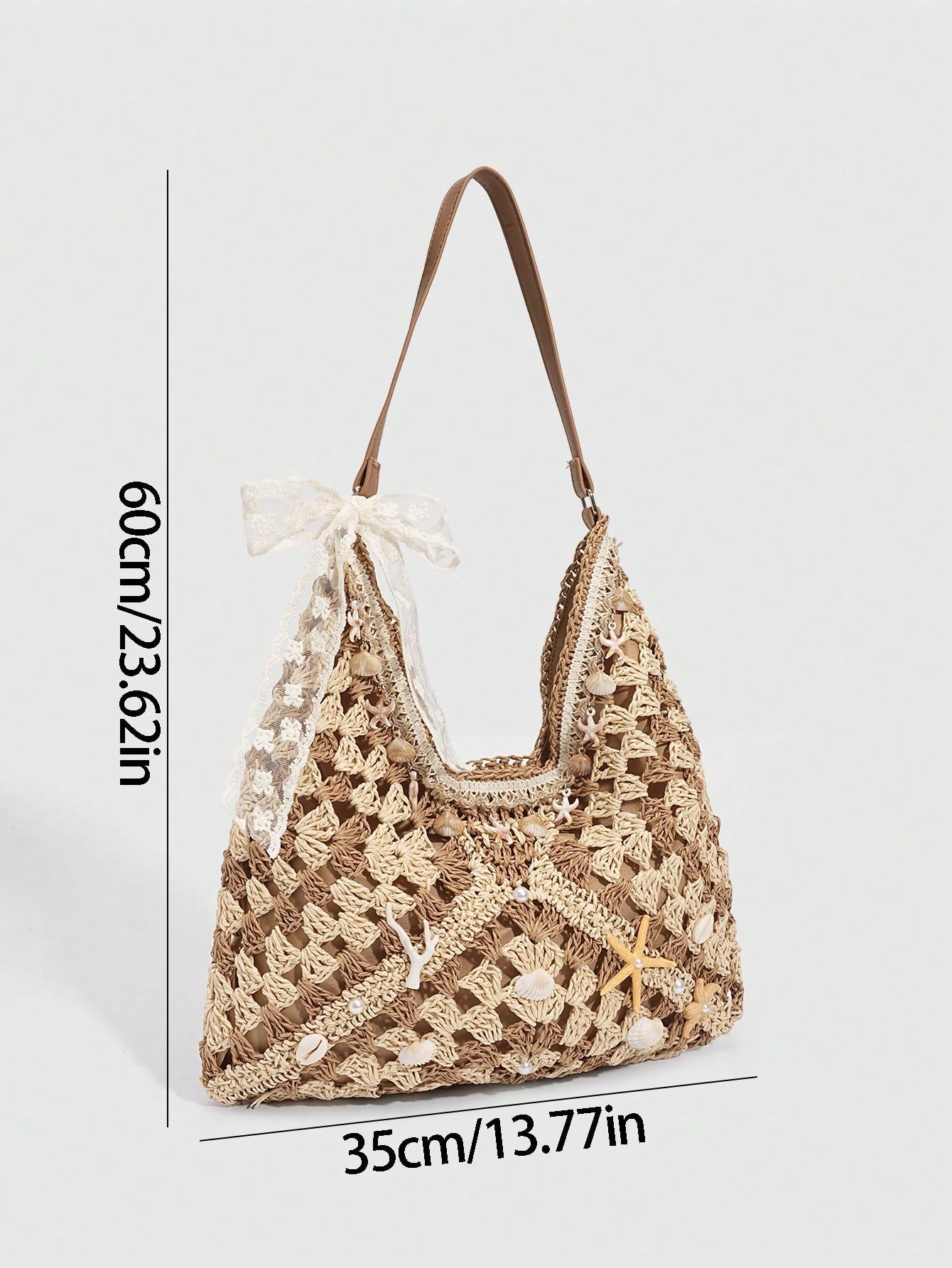 ROMWE Fairycore 1 Pc Tropical Ocean Beach Vacation Style Woven Hollow Beige Women's Shoulder Crossbody Handbag, Large Capacity Travel Vacation Bag