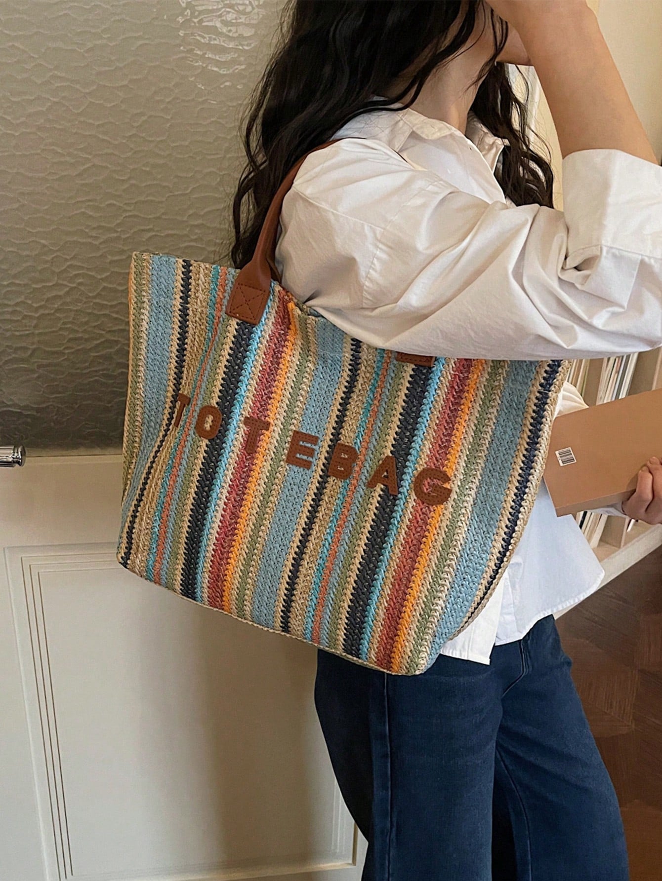 New Large Capacity Letter Decor Woven Straw Tote Bag, Multi-Functional Commute Casual Vacation Woven Straw Handbag Suitable For Commuting, Shopping, Beach Vacation, Office, Holidays