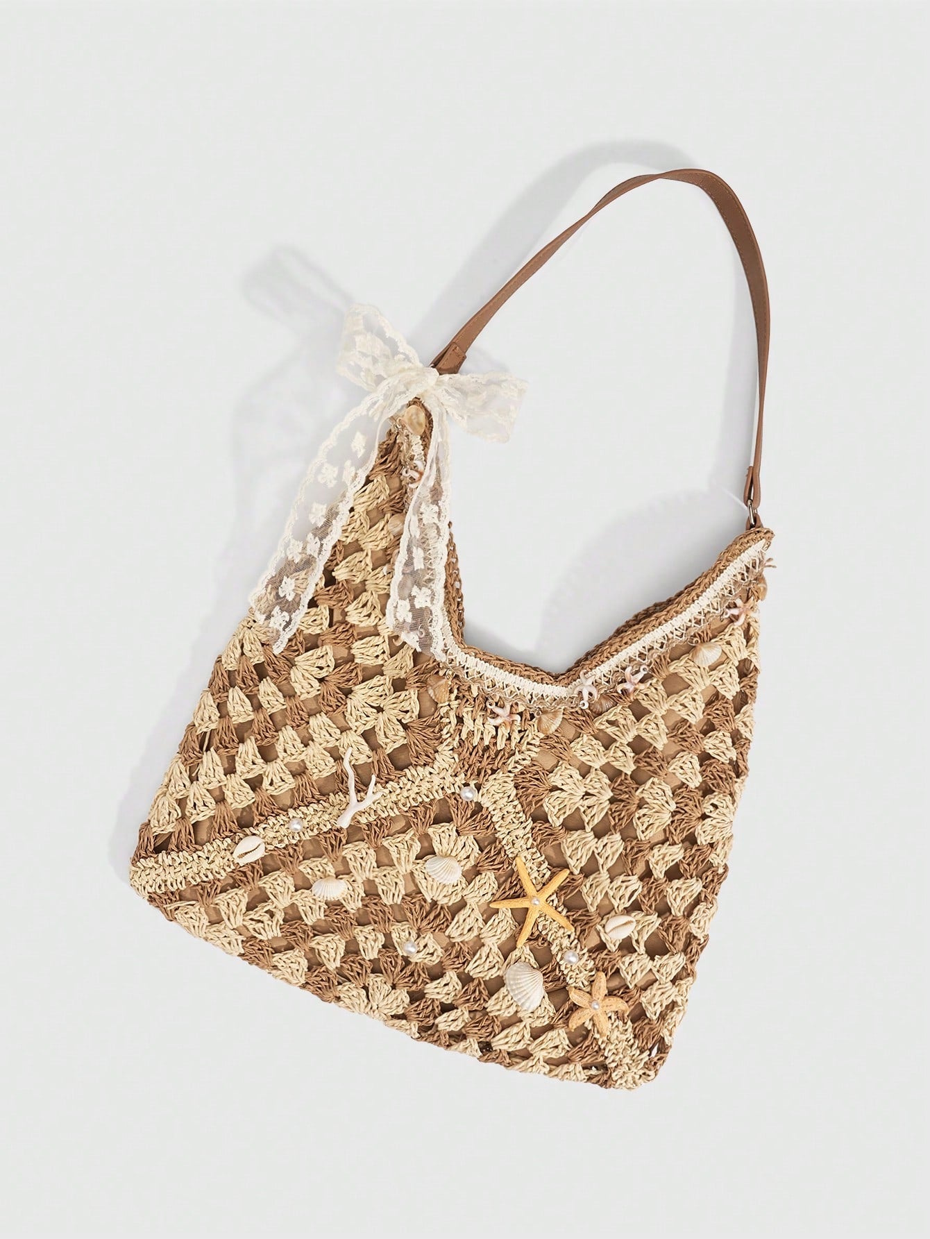 ROMWE Fairycore 1 Pc Tropical Ocean Beach Vacation Style Woven Hollow Beige Women's Shoulder Crossbody Handbag, Large Capacity Travel Vacation Bag