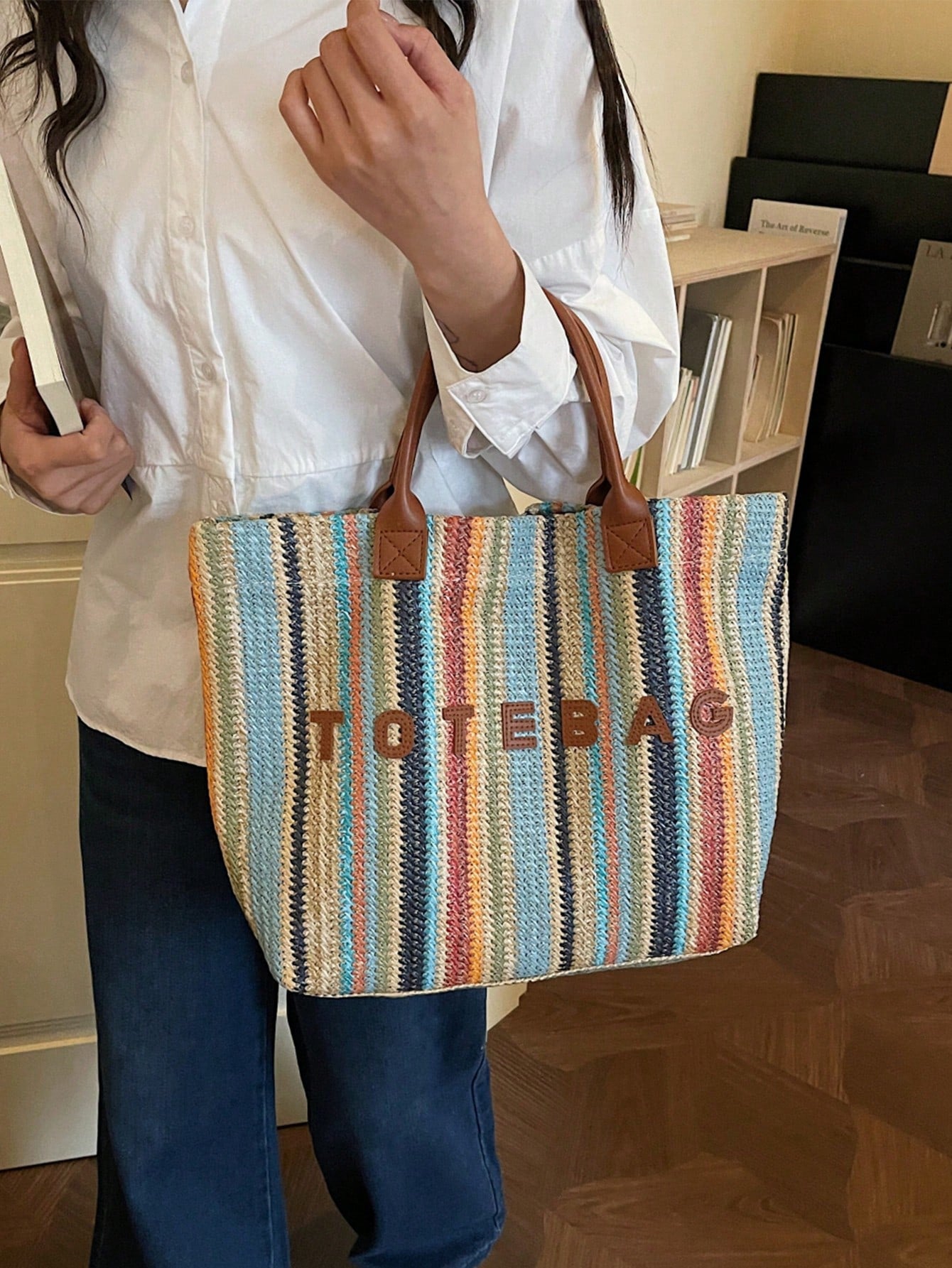 New Large Capacity Letter Decor Woven Straw Tote Bag, Multi-Functional Commute Casual Vacation Woven Straw Handbag Suitable For Commuting, Shopping, Beach Vacation, Office, Holidays