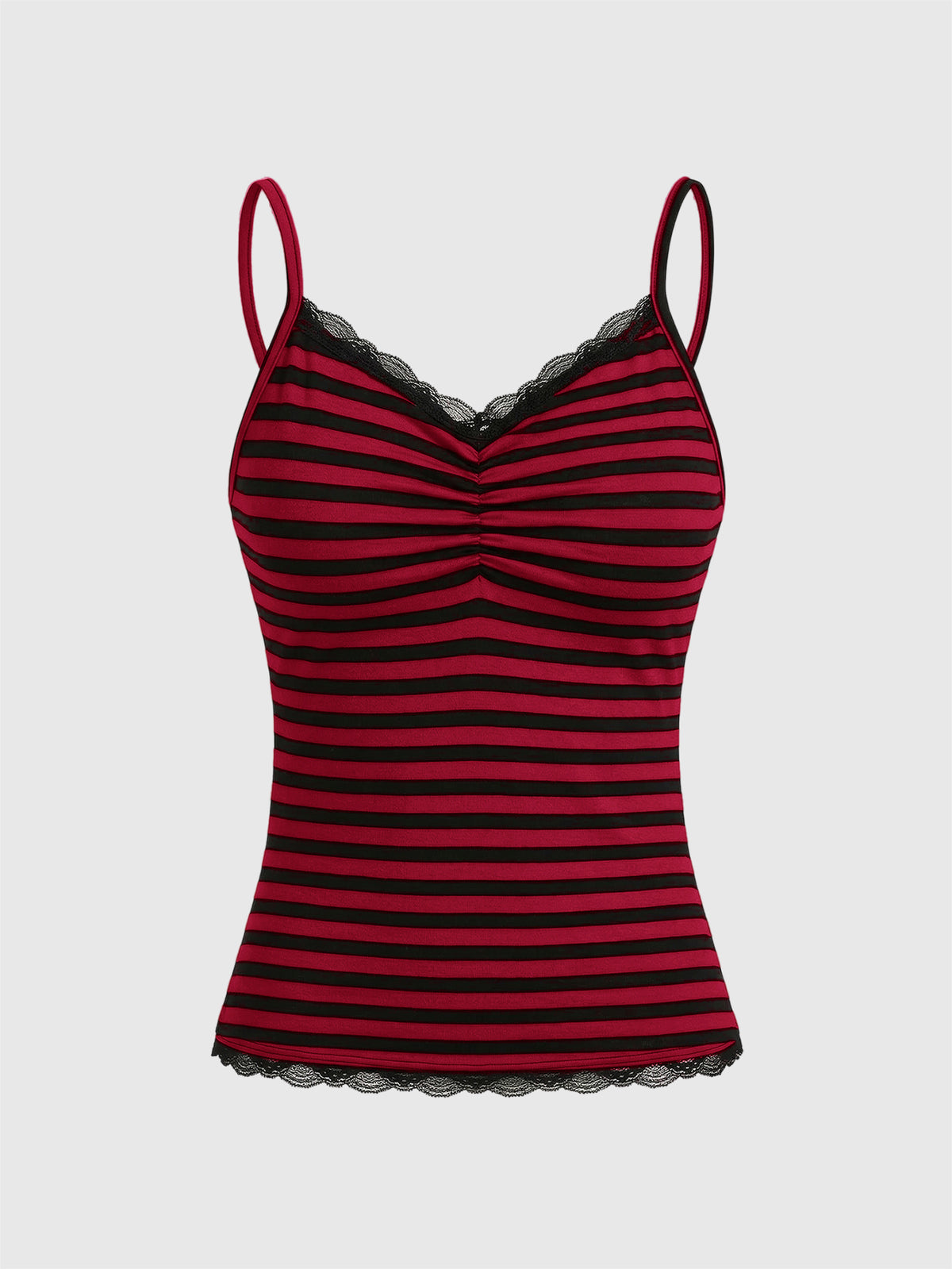 Burgundy and black striped lace trim camisole with spaghetti straps and ruched rib-knit detail.