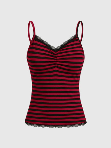 Burgundy and black striped lace trim camisole with spaghetti straps and ruched rib-knit detail.