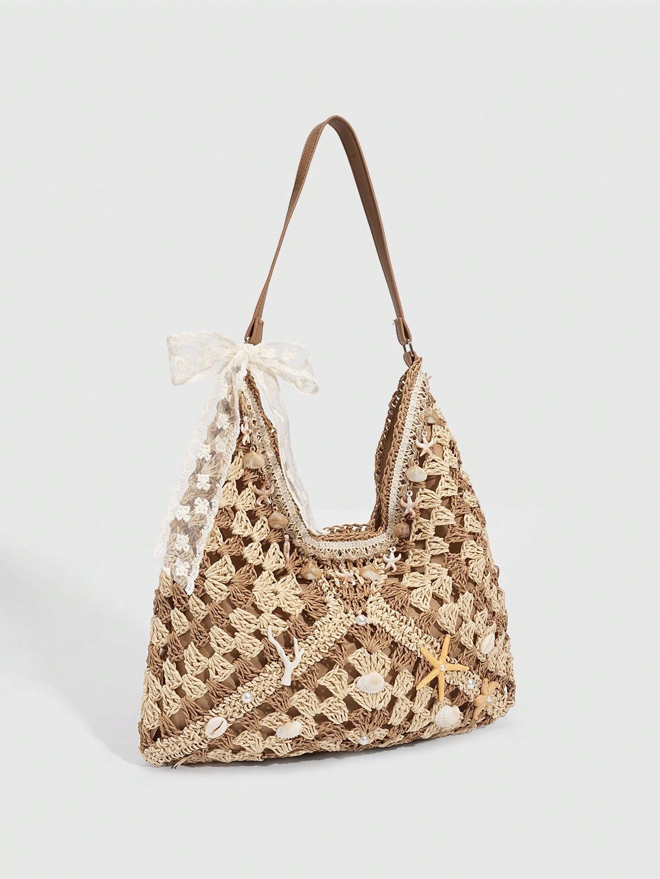 ROMWE Fairycore 1 Pc Tropical Ocean Beach Vacation Style Woven Hollow Beige Women's Shoulder Crossbody Handbag, Large Capacity Travel Vacation Bag