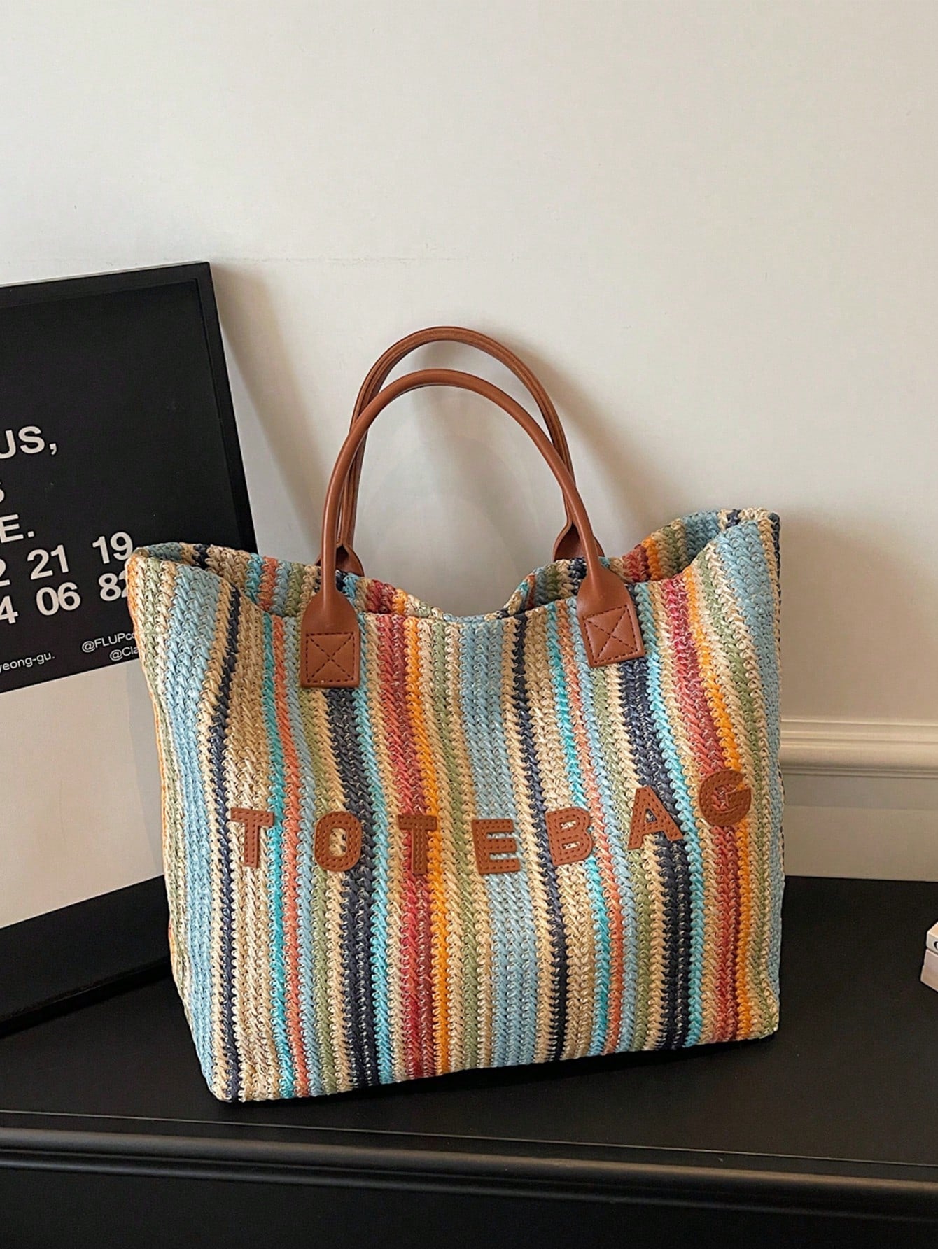 New Large Capacity Letter Decor Woven Straw Tote Bag, Multi-Functional Commute Casual Vacation Woven Straw Handbag Suitable For Commuting, Shopping, Beach Vacation, Office, Holidays