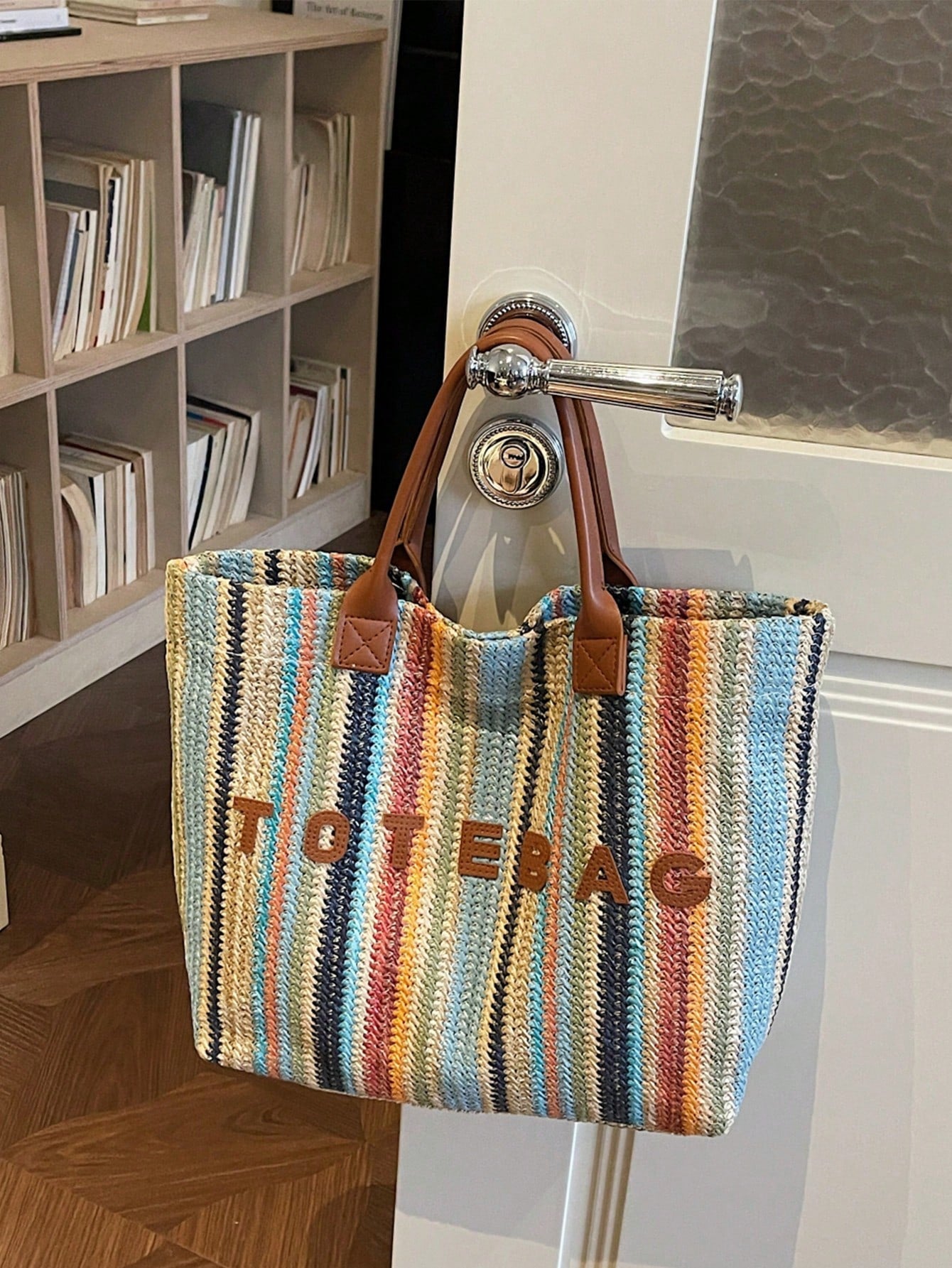 New Large Capacity Letter Decor Woven Straw Tote Bag, Multi-Functional Commute Casual Vacation Woven Straw Handbag Suitable For Commuting, Shopping, Beach Vacation, Office, Holidays