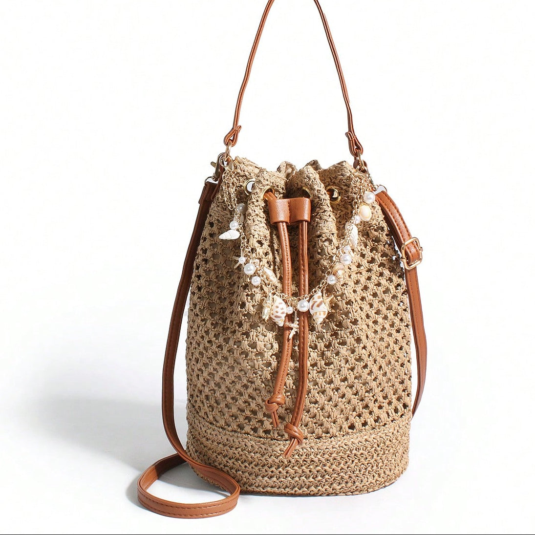 Original Handmade Style, Niche Vacation Style, Drawstring Woven Bag, Hollowed Out Woven Bucket Bag, Starfish Shell Hanging Decoration, Single Shoulder Crossbody Bag, Lightweight, Casual, Breathable, Shopping, Travel, Vacation Beach Bag